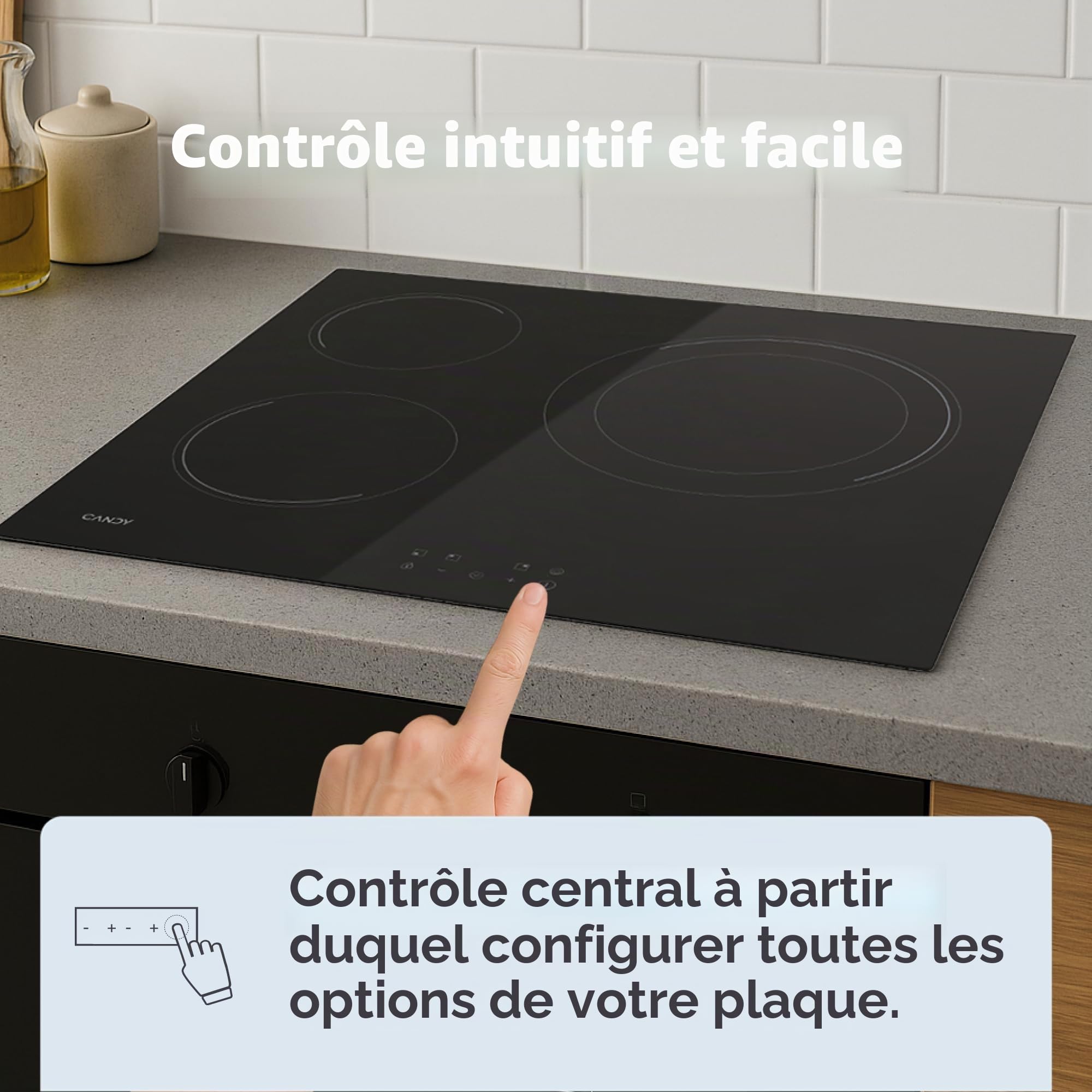 Candy CH63DCC Plaque vitrocéramique 60 cm, 3 zones de cuisson, double zone poêle à paella de 30 cm, contrôle tactile, 9 niveaux de puissance, système de sécurité, noir
