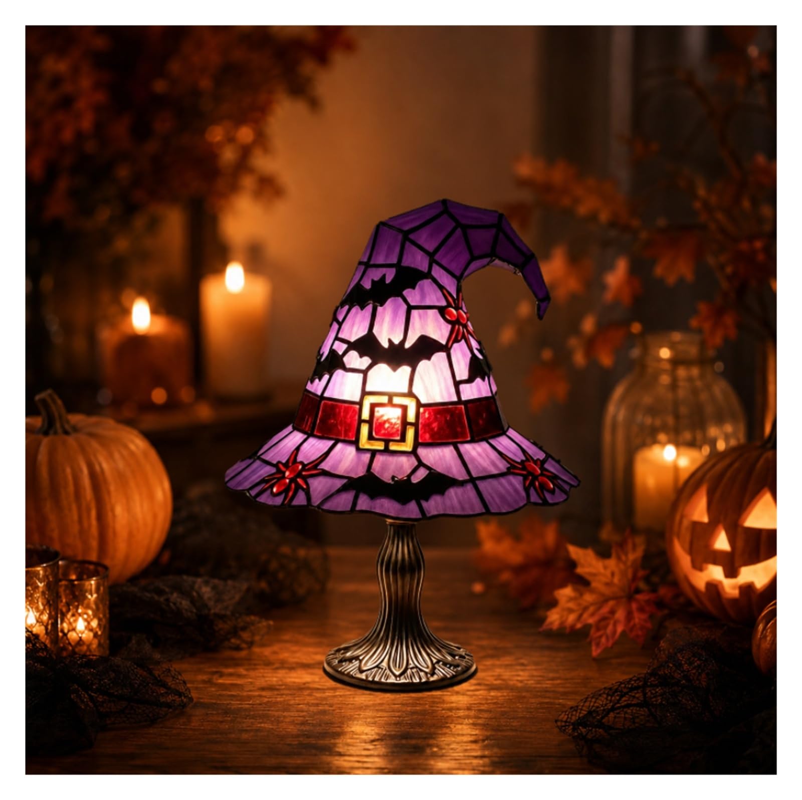 Halloween Pumpkin Lamp, Stained Glass Style USB Jack-O-Lantern Light