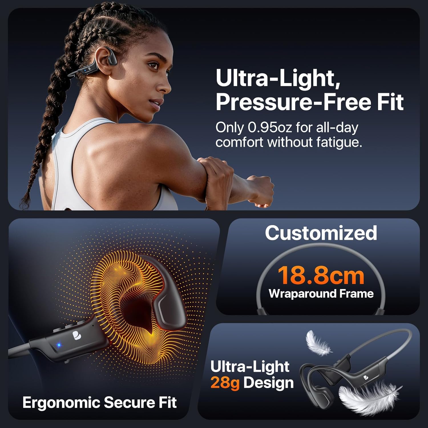 Bone Conduction Headphones, Open Ear Bluetooth Sport Headphones, IPX6 Sweat Resistant, Bluetooth V5.4, 10H Playtime, Comfortable Fit Wireless Earbuds with Mic for Running, Gym, Cycling, Outdoor, Black - Image 5