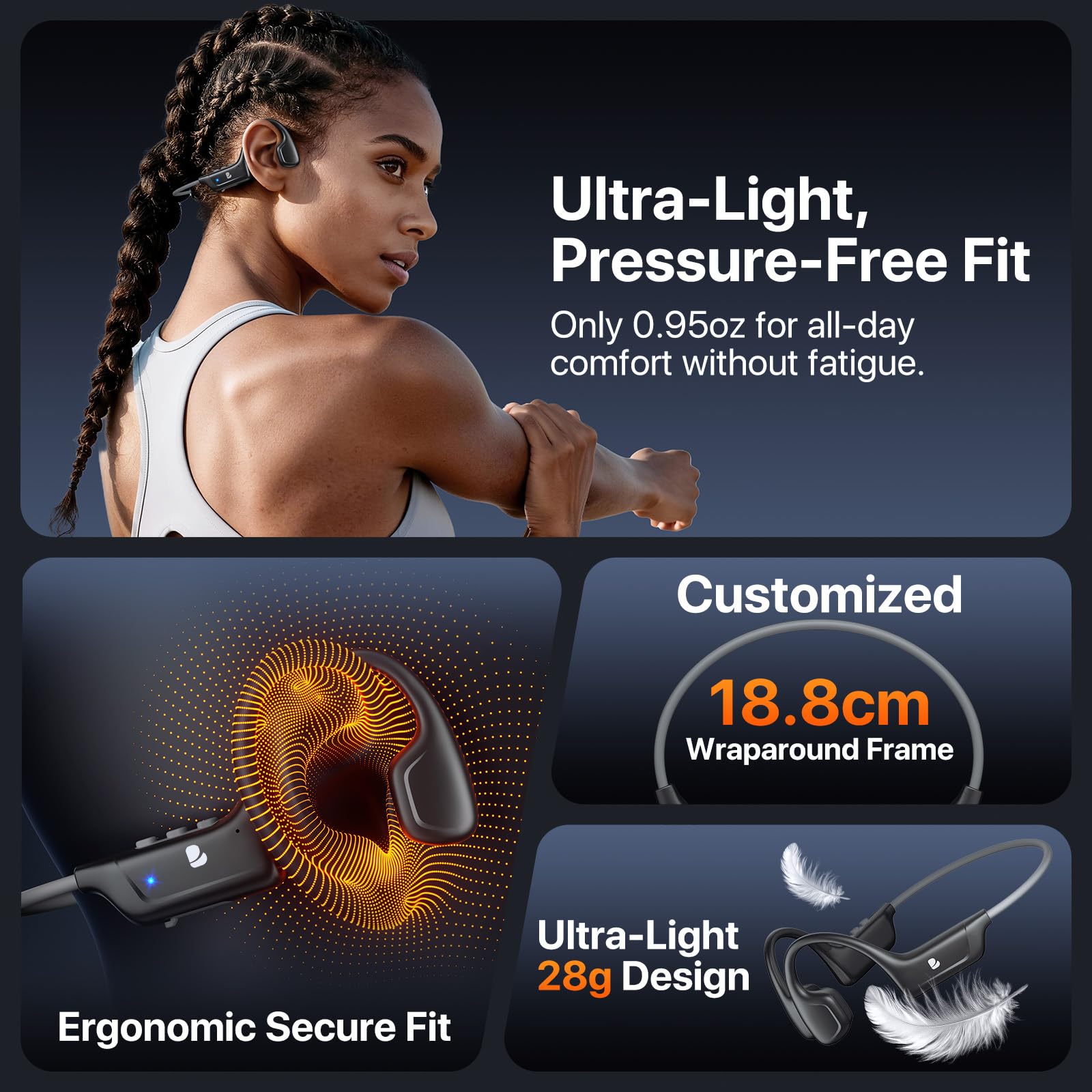 Cuffie a conduzione ossea, cuffie wireless a orecchio aperto, 10 ore di riproduzione, Bluetooth 5.4, cuffie sportive leggere con connessione stabile, cuffie da corsa a prova di sudore, per allenamento