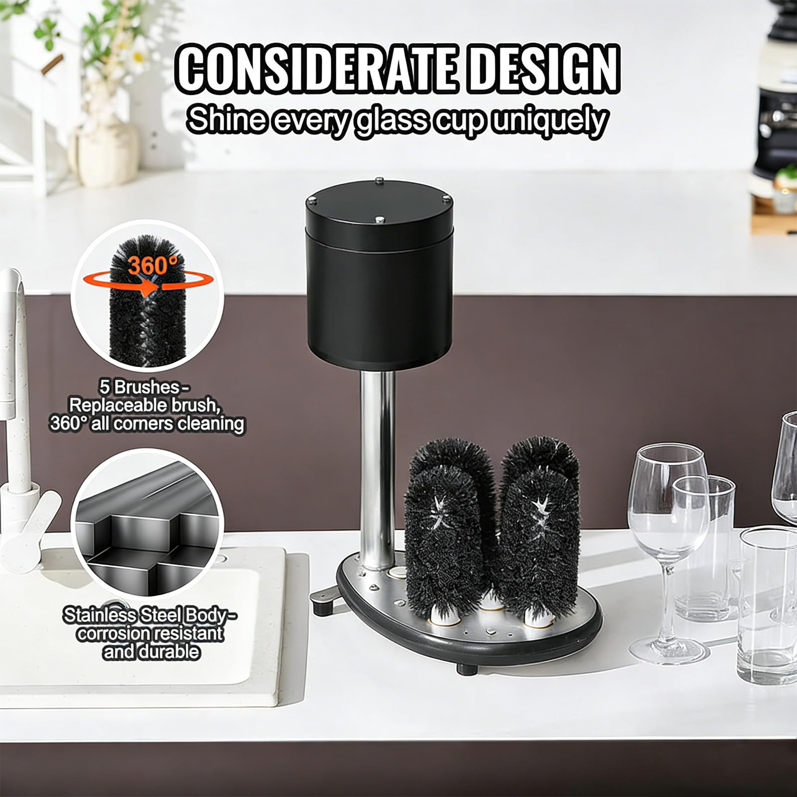 Lavavasos Comercial con 5 Cepillos y 130W, Máquina para Limpiar Cristalería y Copas de Vino, para Banquetes de Hotel y Bares, 1000 Tazas/Hora