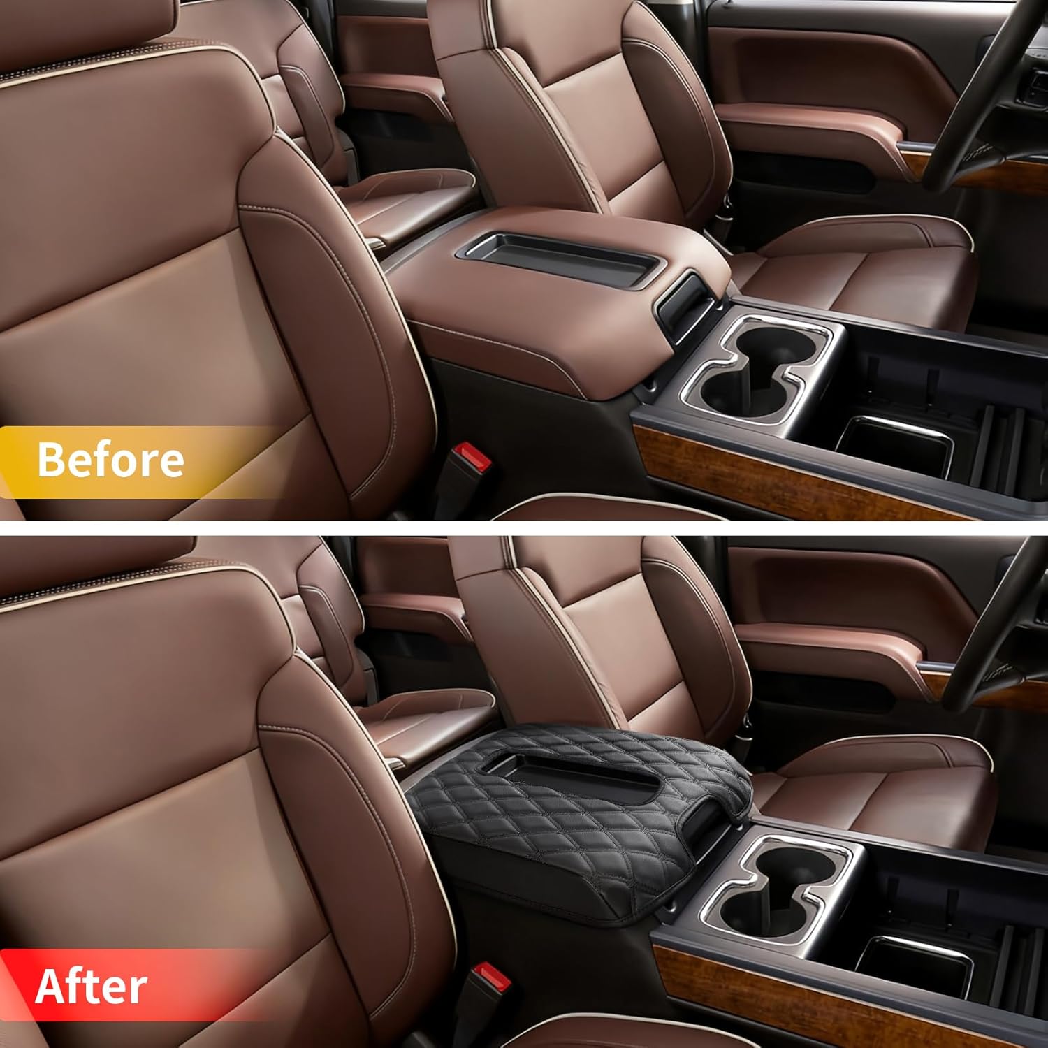 GIANT PANDA Custom Center Console Cover Fit 2014-2018 Chevy Silverado&GMC Sierra 1500 2500 3500 & 2015-2020 Tahoe Yukon Suburban with Bucket Seat, Leather Armrest Console Cover-Full Protection-Black