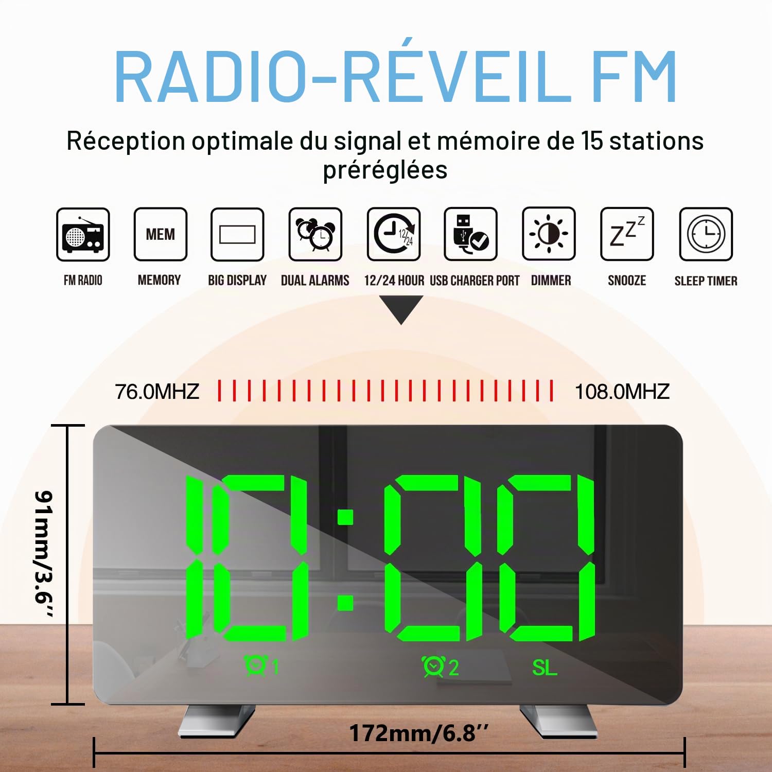 Réveil Radio pour Chevet Horloge Numérique Grand écran Fonction Snooze Double Alarme Volume Réglable Adaptateur Inclus