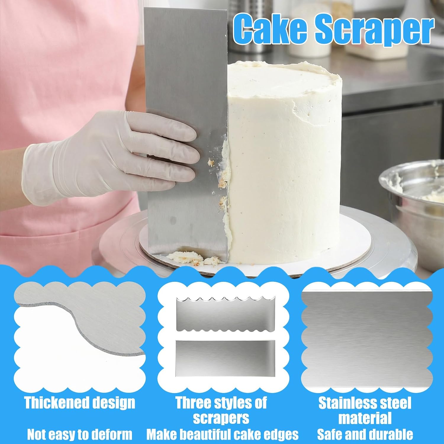 Xinjoduz 2 PCS Stainless Steel Metal Cake Scraper Smoother, 8.7" Double Sided Patterned Stripe Edge Icing Smoother Scraper Cake Decorating Supplies for Frosting Butter Mousse Cream Decoration image 3