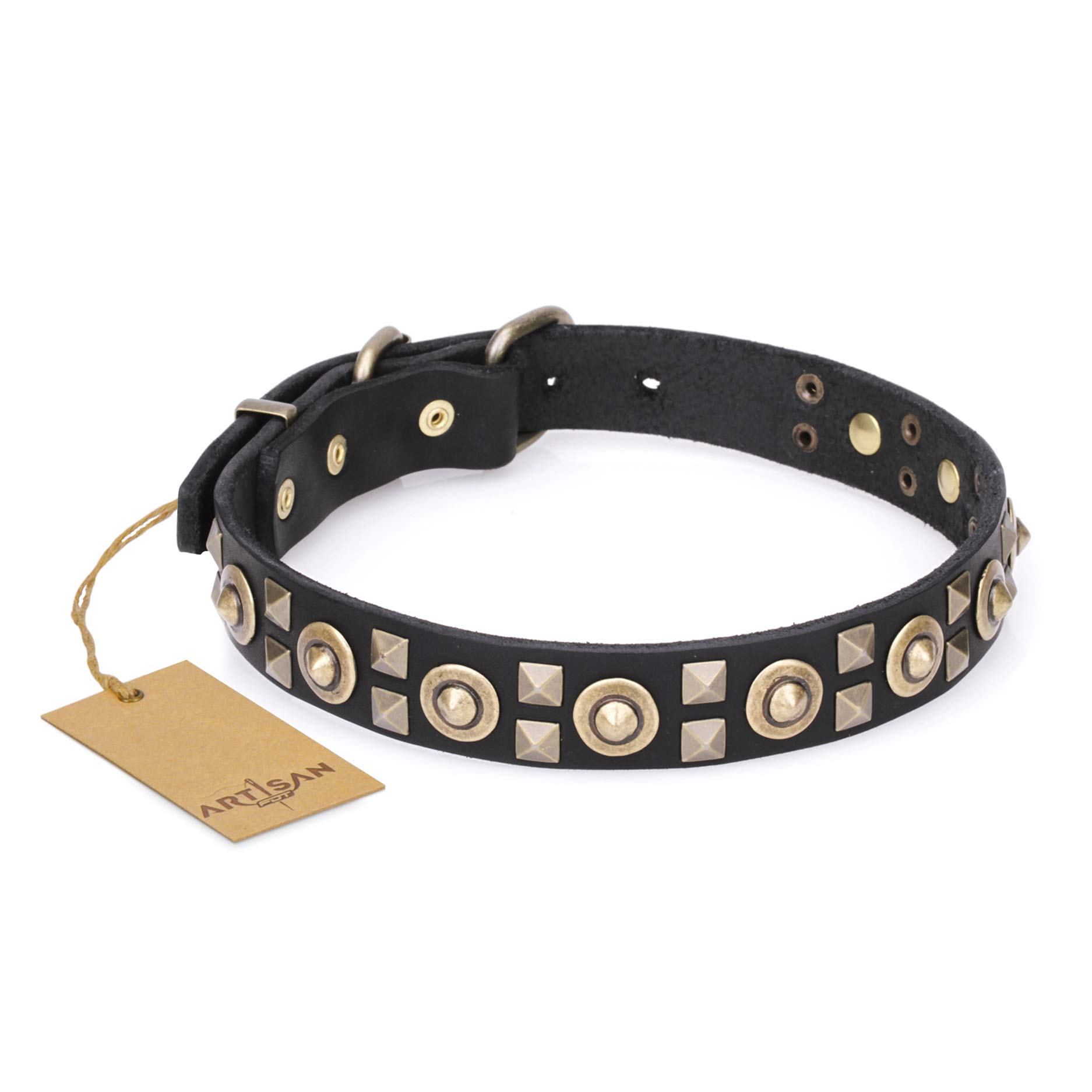 FDT Artisan 16" (40cm) Black Soft Leather Dog Collar with Old Bronze-Plated Decoration Handcrafted - 1 1/5 inch (30 mm) Wide - Made in Europe