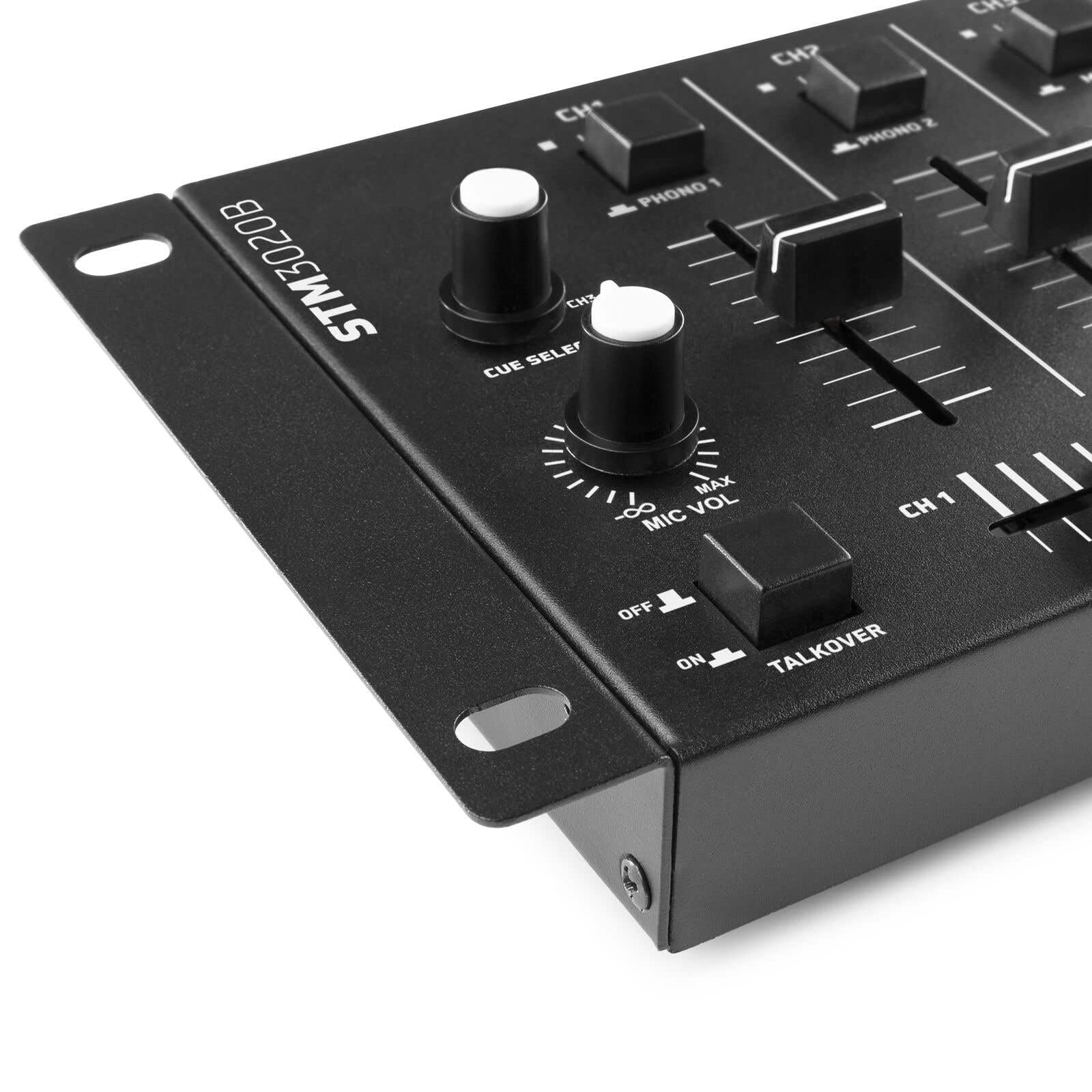Mezclador SkyTec STM-3020 de 3 canales con reproductor MP3 USB, salida de auriculares con control de volumen, 2 entradas para micrófono, 3 canales con entrada line/phono, función talk over, negro