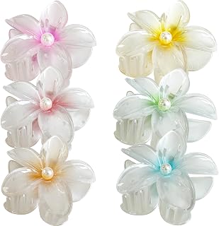 Fancy Pearl-centered Flower Hair Clips, Women Girls Summer Beach Claw Clips Hawaiian Plumeria, Pearls-Scent Glossy Plastic Hair Accessories, Multicolor,6 Piece Set Pearl Luster colors