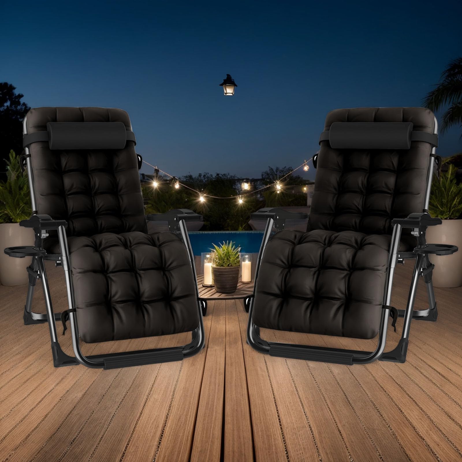 Fiutazge 65cm Large Chaise Longue Jardin Exterieur,Zero Gravity Transat De Plage Pliable avec Coussin,Appui-tête,Porte-Boisson pour Patio,Plage,Piscine,Capacité 240kg,Noir