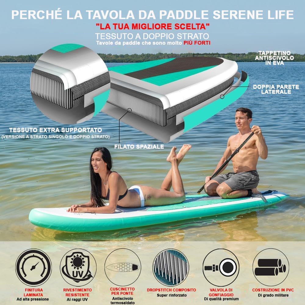 SereneLife Stand up Paddle Board Gonfiabile - Pagaia SUP Antiscivolo, Pompa, Cordino di Sicurezza e Accessori Giovani