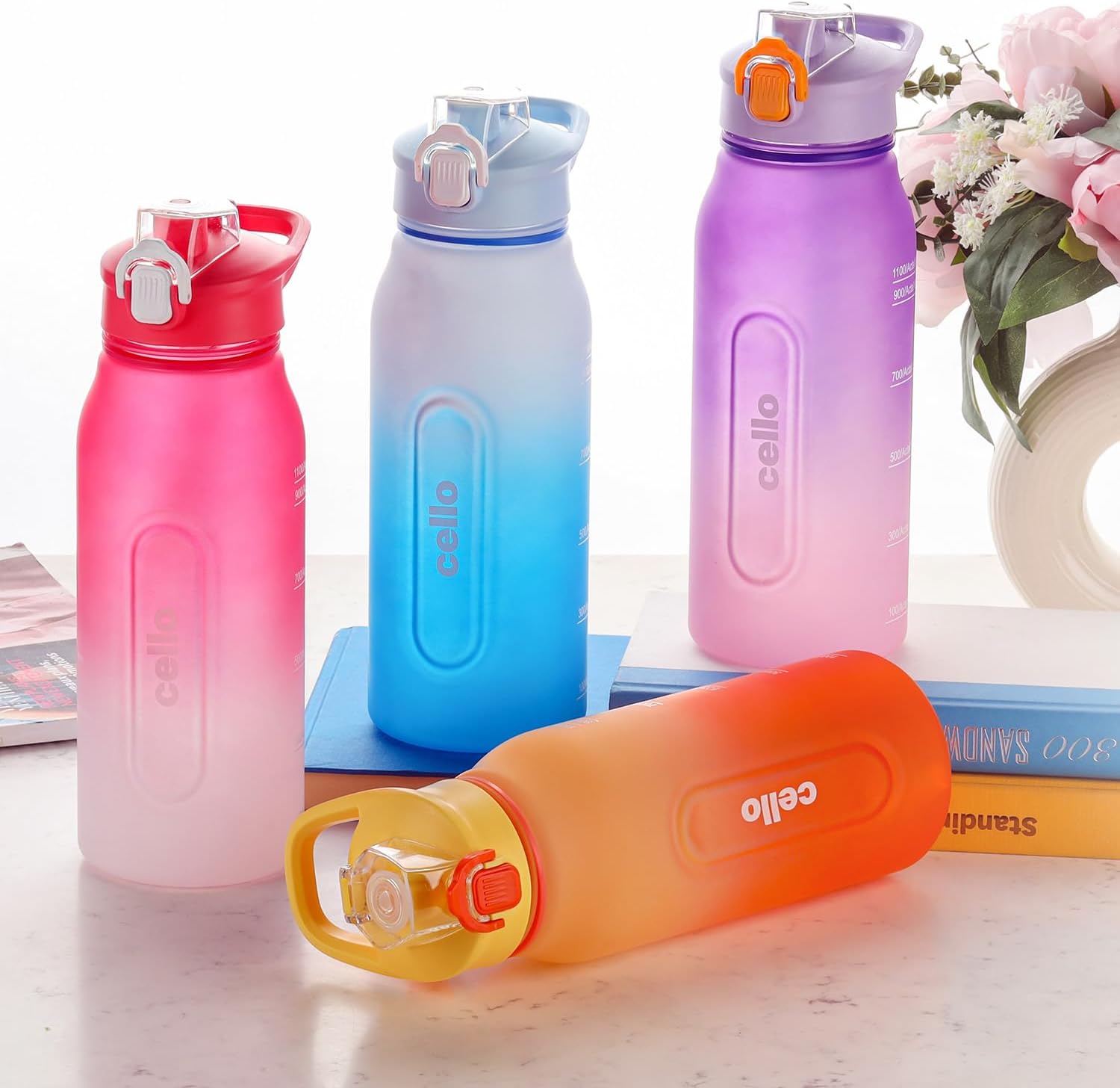 CELLO Rise N Chill Large Motivational Water Bottle, 1230ml Pink White | Leakproof, Food Grade | Gym Workout Sipper Water Bottle For Fitness, Office, School, Sports & Outdoor Hydration