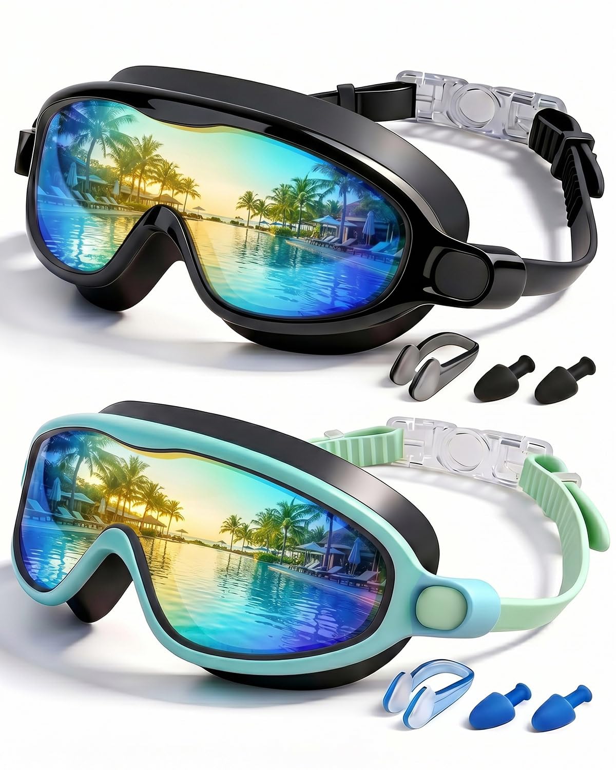 Photo 1 of ***PARTIAL SET/ ONLY 1 PAIR**** Rantizon Kids Swimming Goggles 2 Pack, Anti Fog&UV Swim Goggles for Boys Girls, No Leak Pool Beach Essentials for kid 3-14 (Black Aqua & Green Aqua)