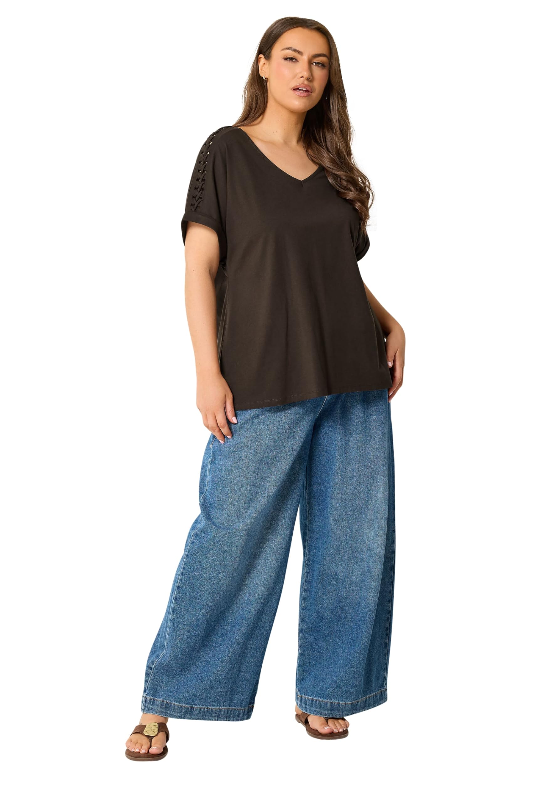 Yours Women's Lattice Grown On Sleeve T-Shirt in Chocolate | Size: 20
