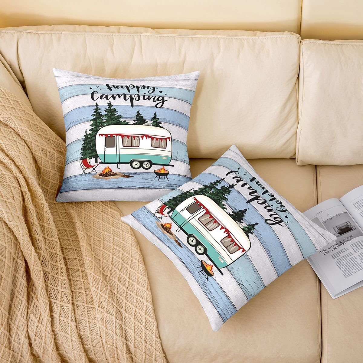 Feelyou Camper Throw Pillow Covers 1 Pcs Happy Camping Cushion Case Cartoon Camping Car Decor Pillowcase RV Camping Indoor Outdoor Camper Accessories for Travel Trailers Super Soft 24 x 24-Inch image 3