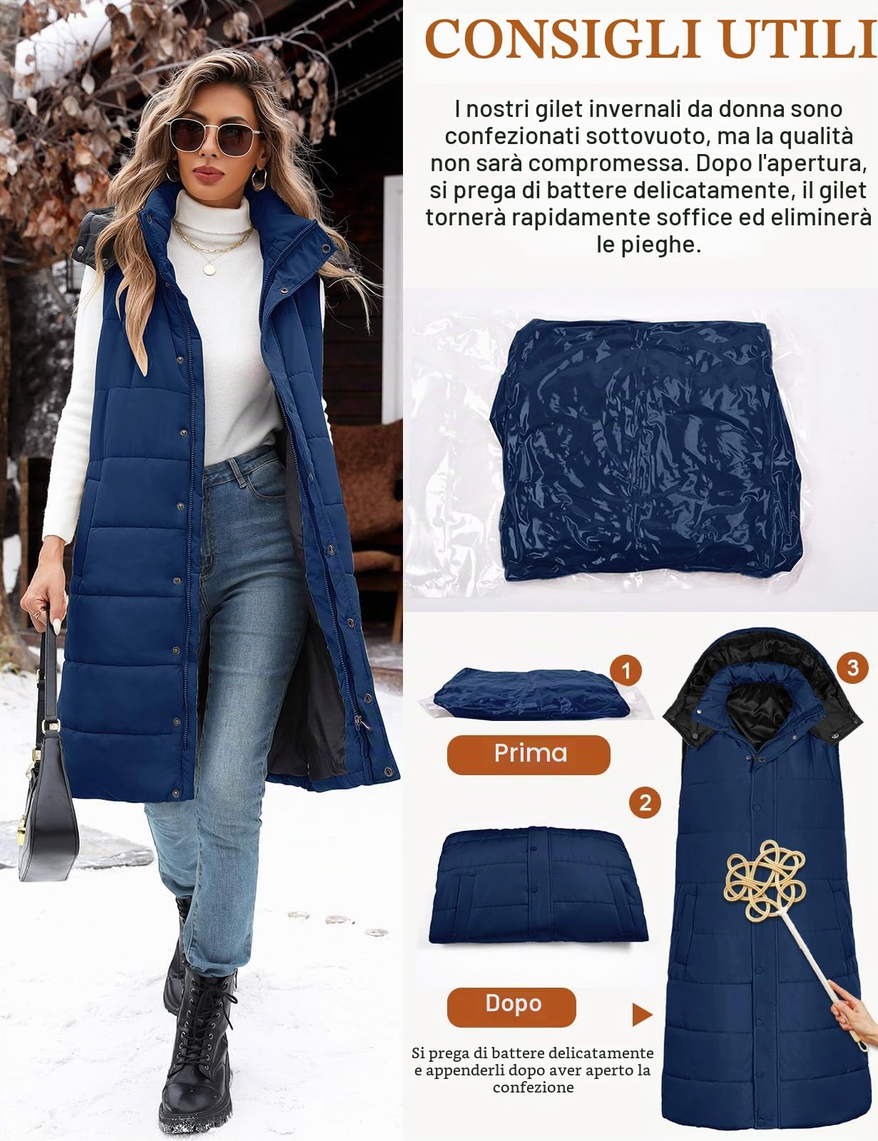 Tuopuda Gilet Donna Lungo, Smanicato Piumino Invernale, Gilet con Cappuccio Cappotto Senza Maniche Termico Giubbotto Imbottito Giacca Trapuntato con Cerniera