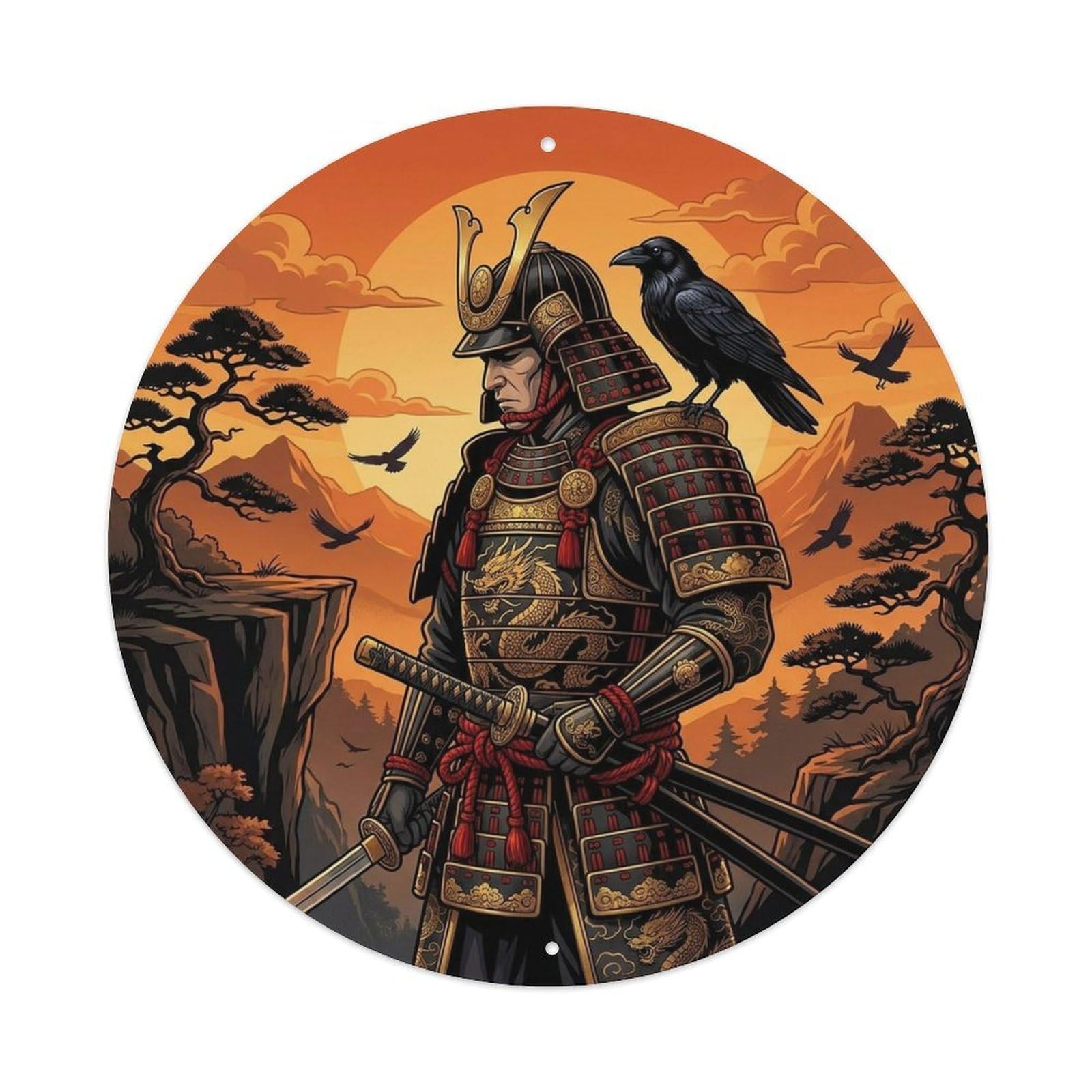 Okngb Style Raven Companion Cliff Feudal Classic Samurai Badge Metal Tin Sign Plaque Wall Decor For Cafe, Man Cave, Club Bar, Office, Home Garden Round Metal Poster 8X8inch