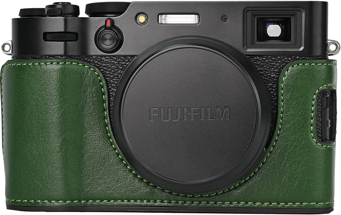 X100V Case, BMAOLLONGB Handmade PU Leather Half Camera Case Bag Cover Bottom Opening Version for Fujifilm X100V with Neck Strap Mini Storage Bag (Green)