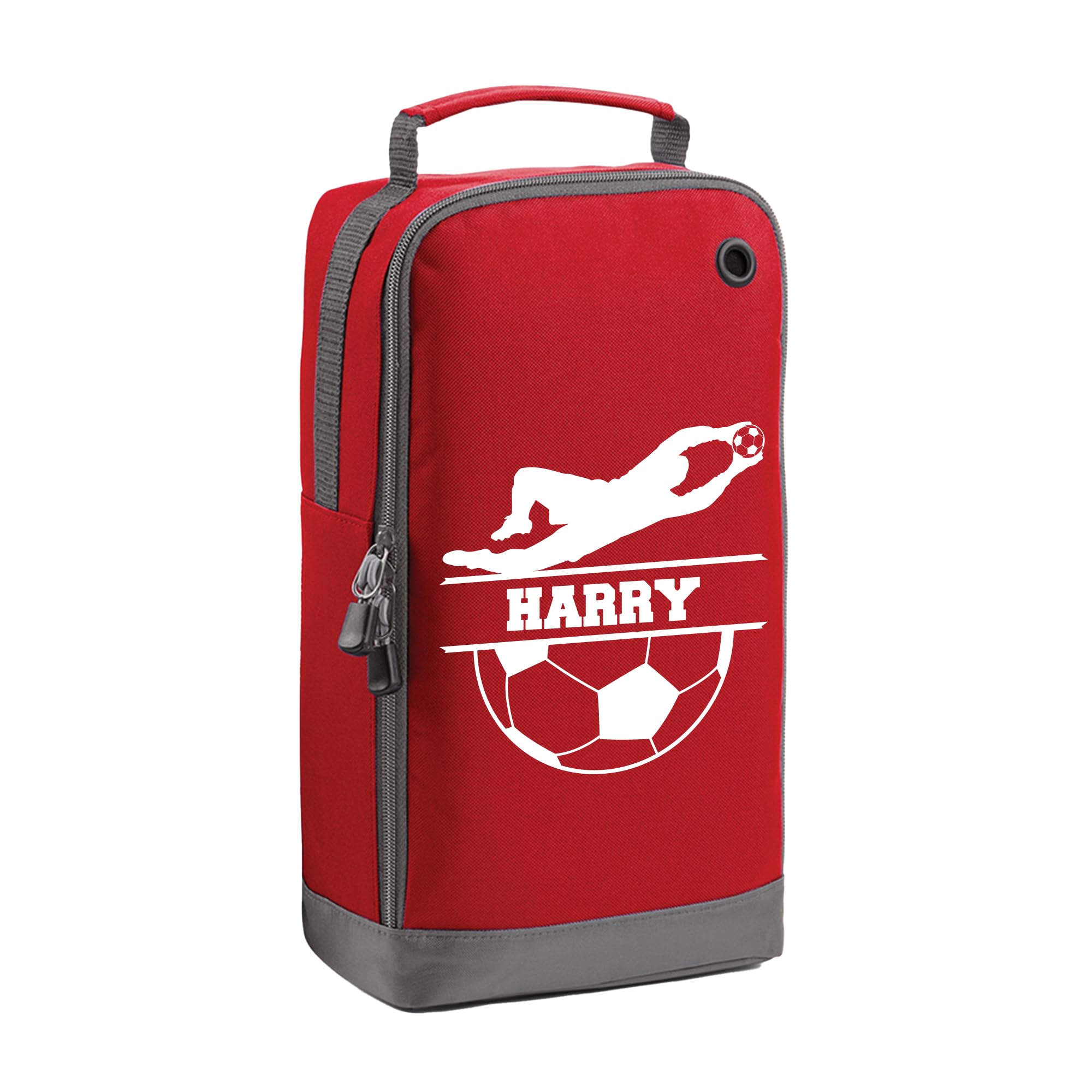 Personalised Kids Boot Bag with Custom Name - Goalkeeper Design - Red Shoe Bag for PE & School