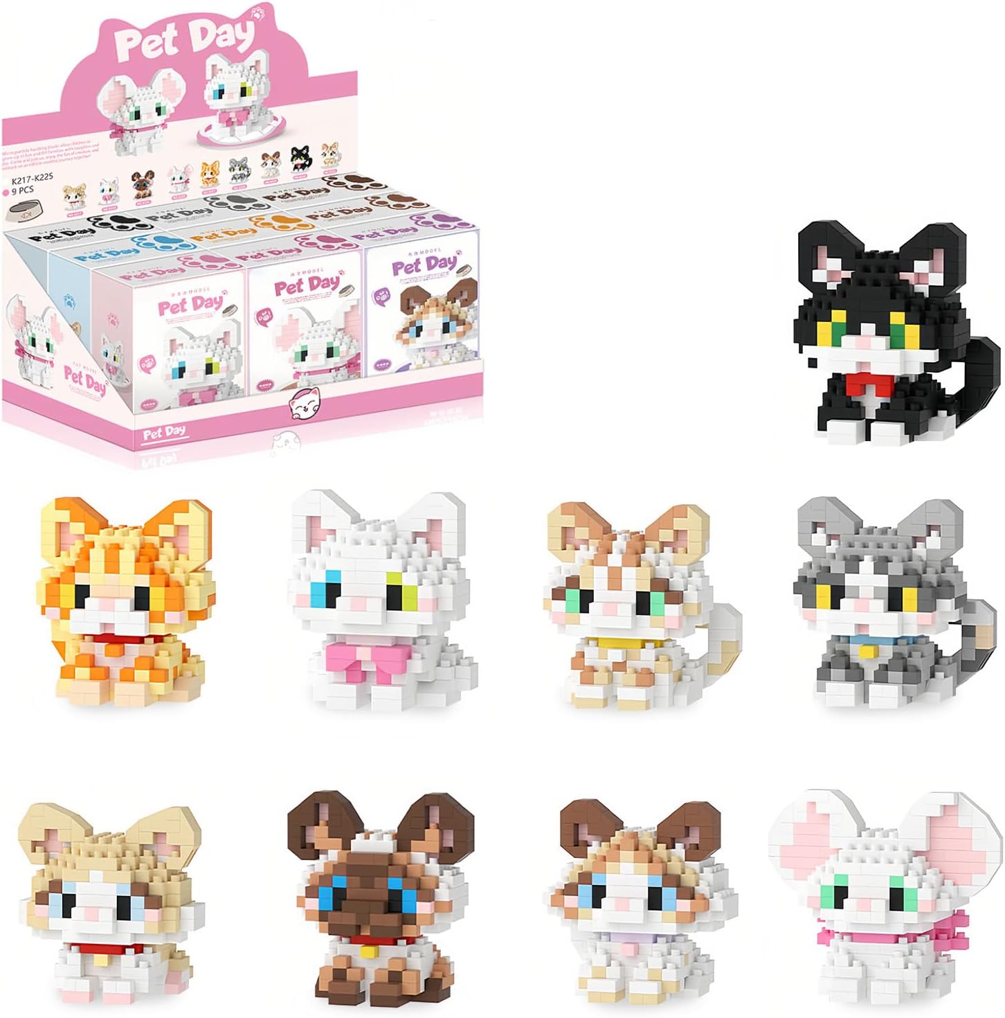 QISHOUTING Party Favors 9 Packs Mini Cats Building Blocks, 9 Styles Small Cute Cat Building Set,Miniature Cat Figurine Toys for Adults Women,Birthday Stocking Stuffers