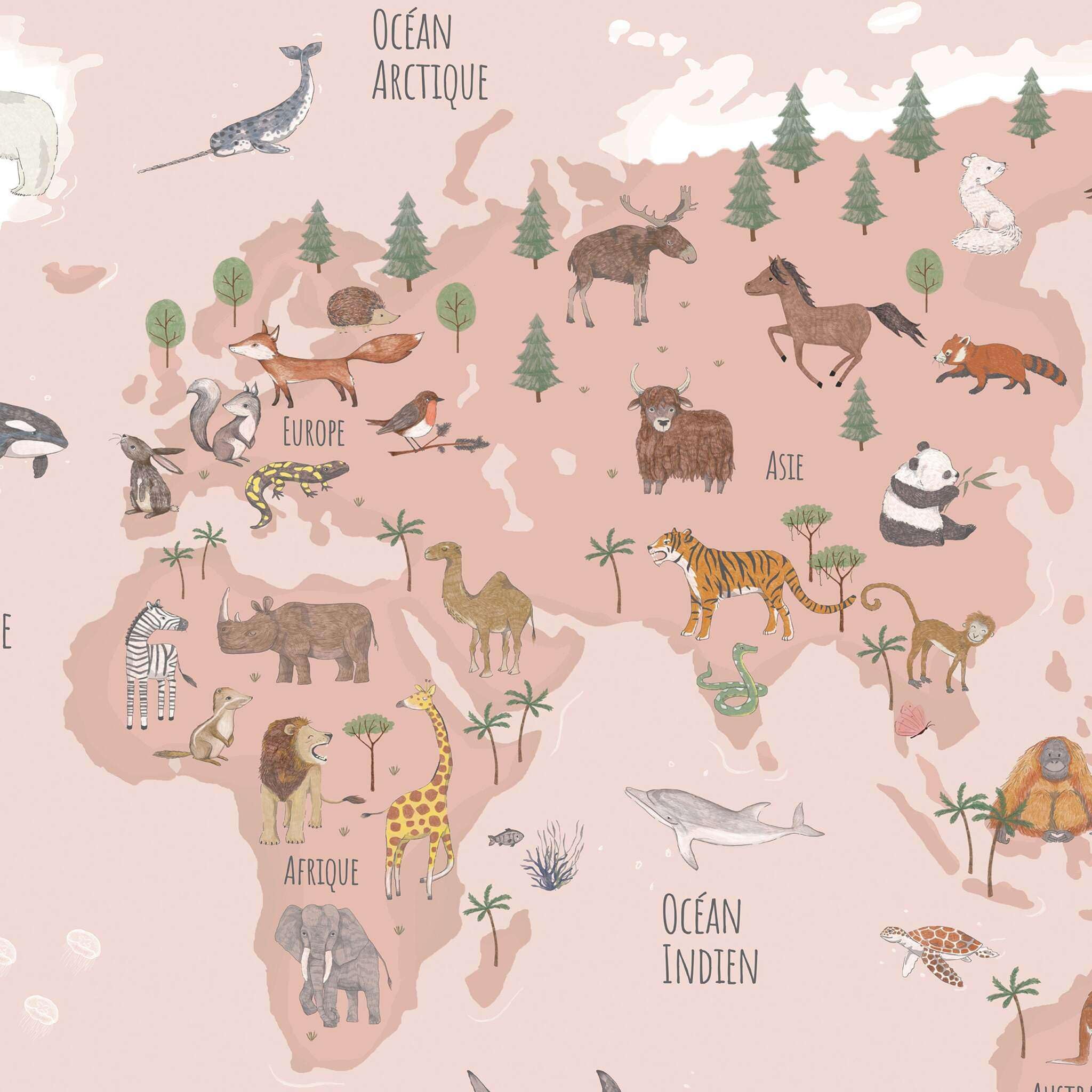 Sous-main pour enfants Carte du monde animaux rose français 60 x 40 cm vinyle
