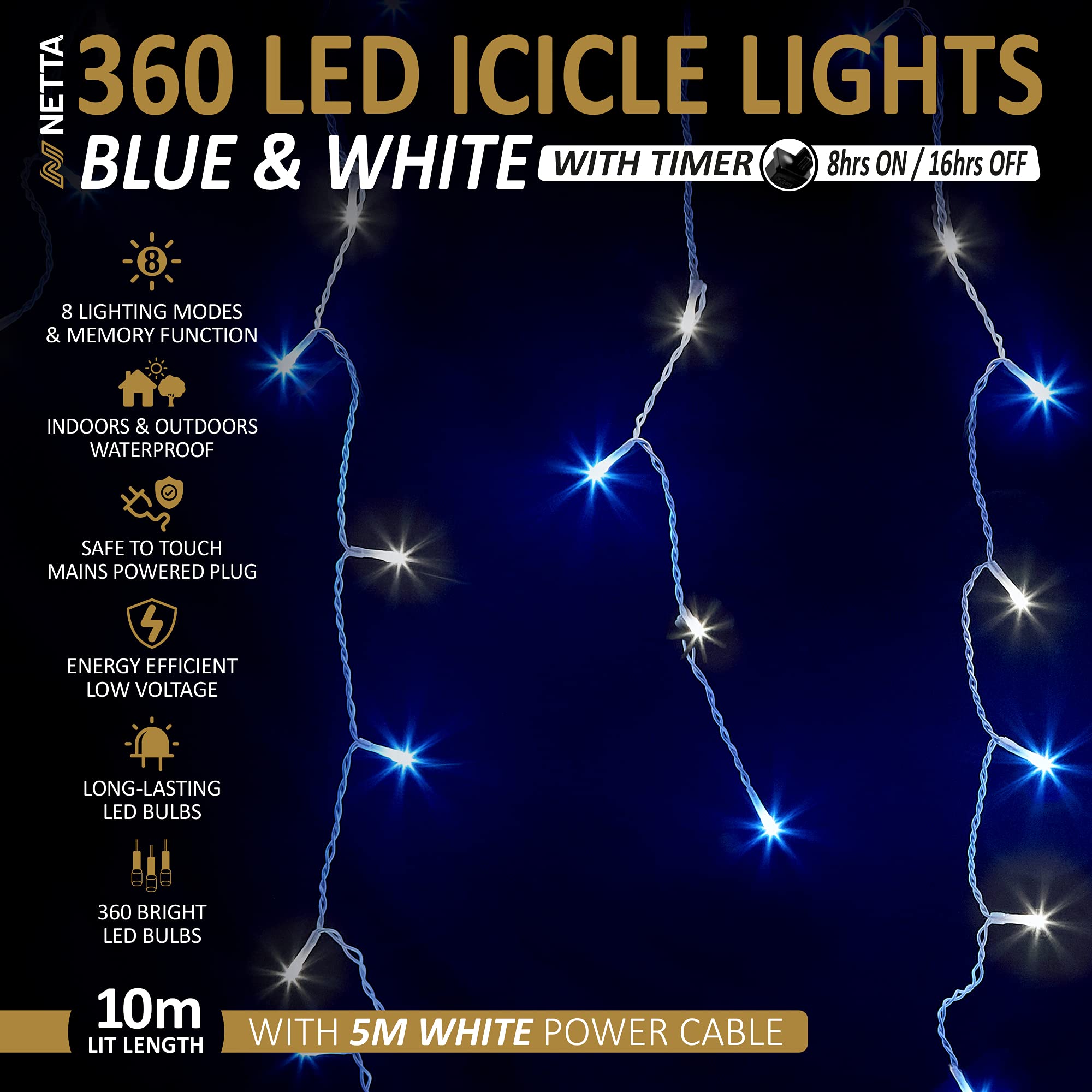 PNS LED Eiszapfen-Lichterkette – 360 Kaltweiße LEDs, 12 M, Innen/Außen, IP44, 6W, Grünes Kabel