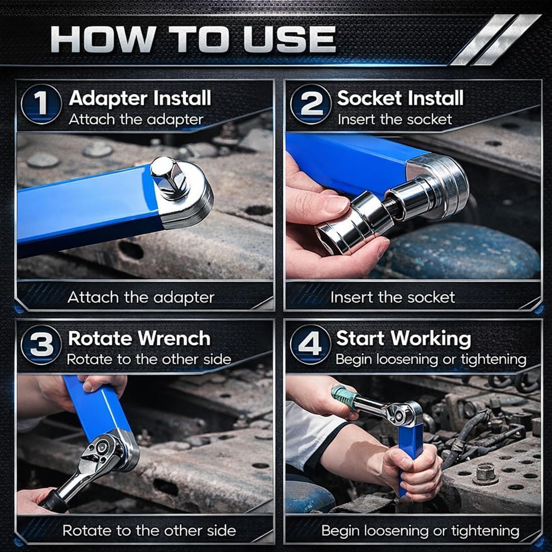DDRIC PRO Offset Extension Wrench, Pro Zero Degree Offset Extension Wrench Impact Set with 1/2", 1/4" & 3/8" Square Drive Adapters, Multifunctional Tight-Reach Tool for Hard-to-Reach Spaces (3pcs)