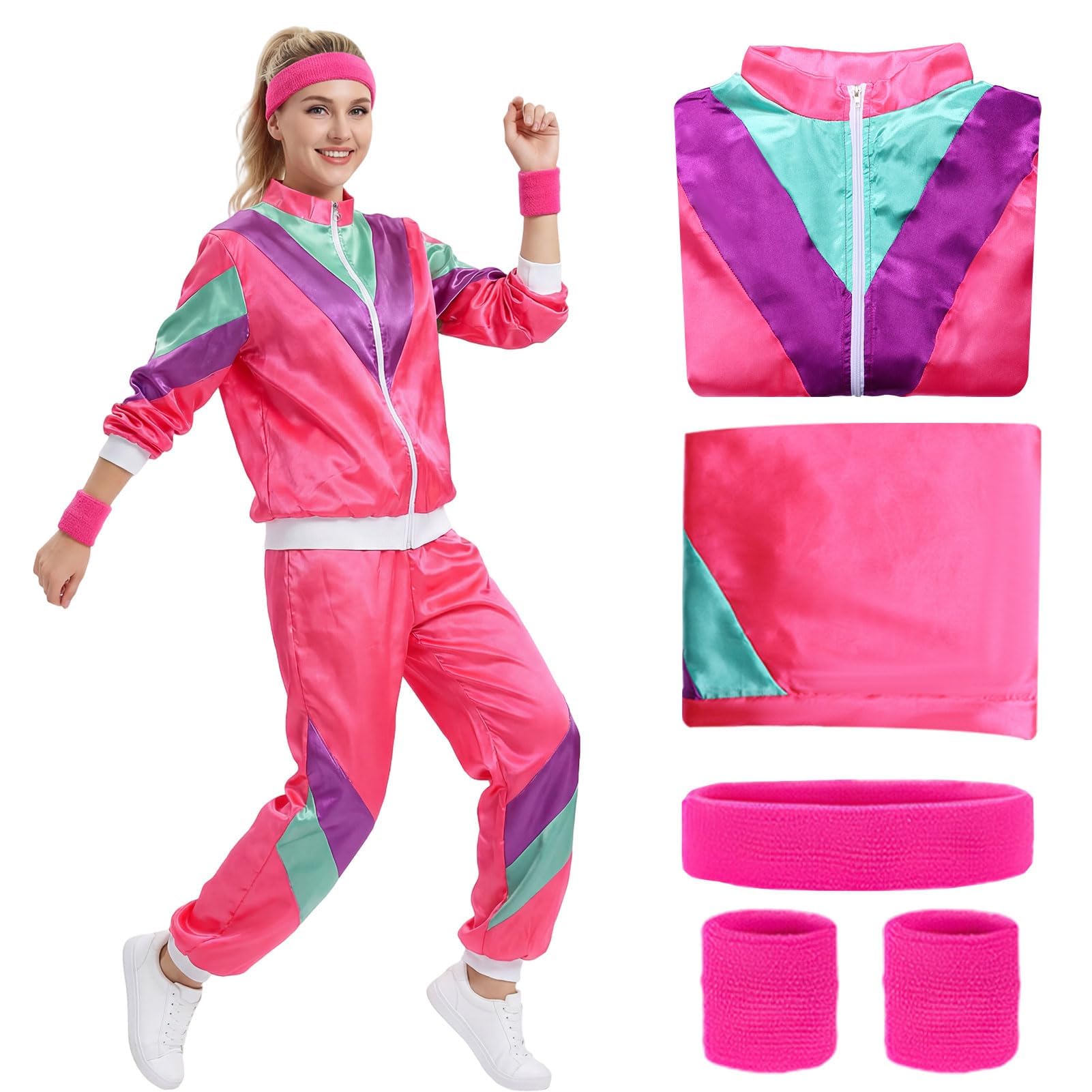 Amycute 80s 90s Retro Shell Suit Tracksuit for Men Women, Neon Disco Fancy Dress Costume with Headband & Wristbands for 80s 90d Theme Party, Hen Do, Festival Outfit(Pink,XL)