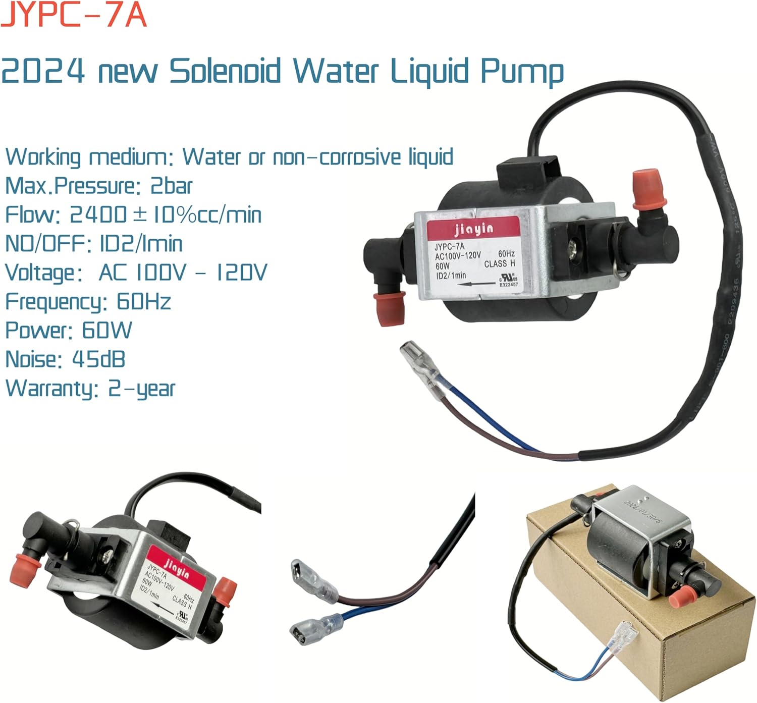 JYPC-7A AC100V - 120V 60W Water Electromagnetic Solenoid Water Pump, 2400ccmin 2bar 60Hz ID2/min 45dB Solenoid Water Liquid Pump-2 year warranty