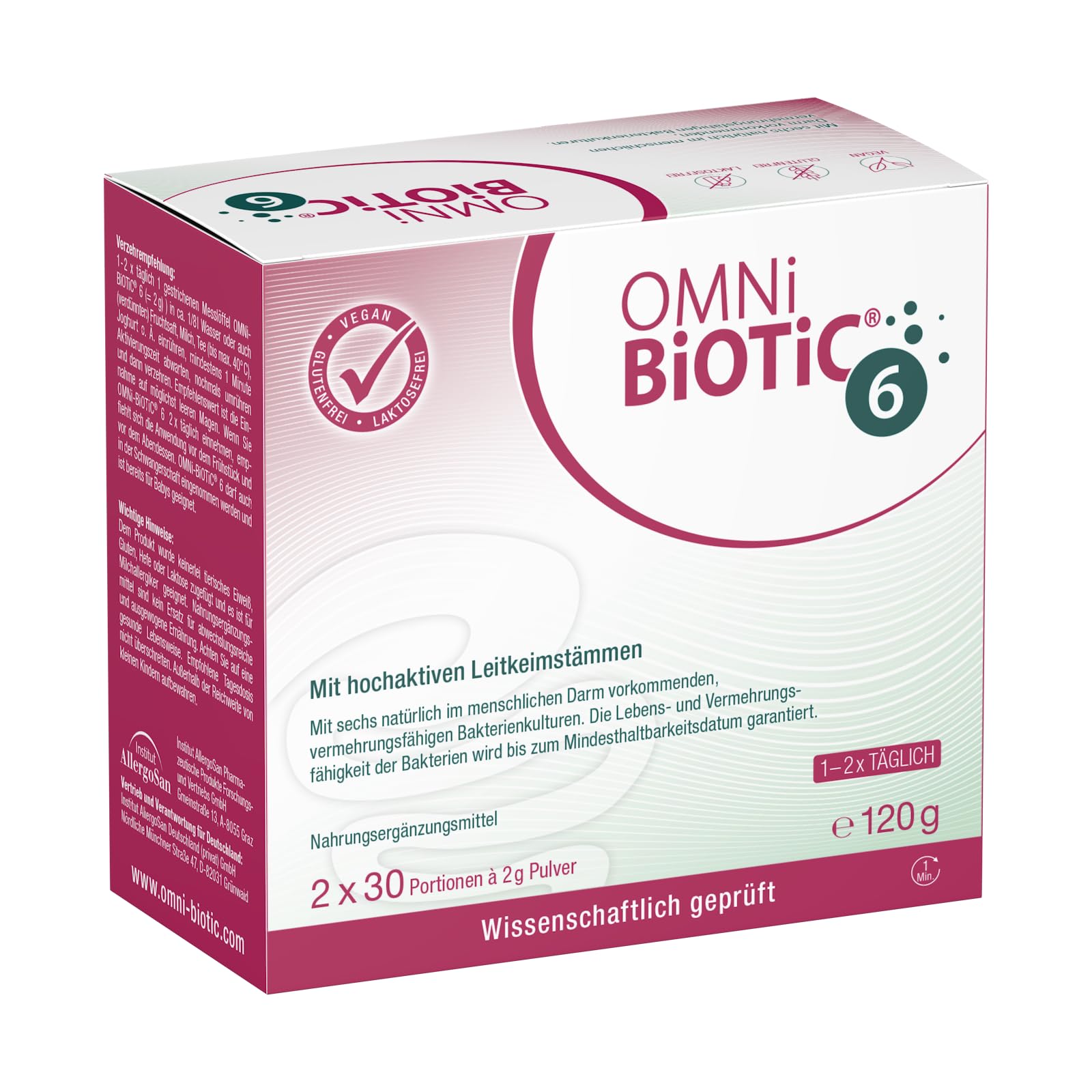 OMNi BiOTiC 6 | Der tägliche Begleiter für ein gutes "Bauchgefühl" | Für jeden Tag und jedes Alter geeignet | 60 Portionen (120 g) | 6 Bakterienstämme | Pulver | Mit Inulin | Vegan | Glutenfrei