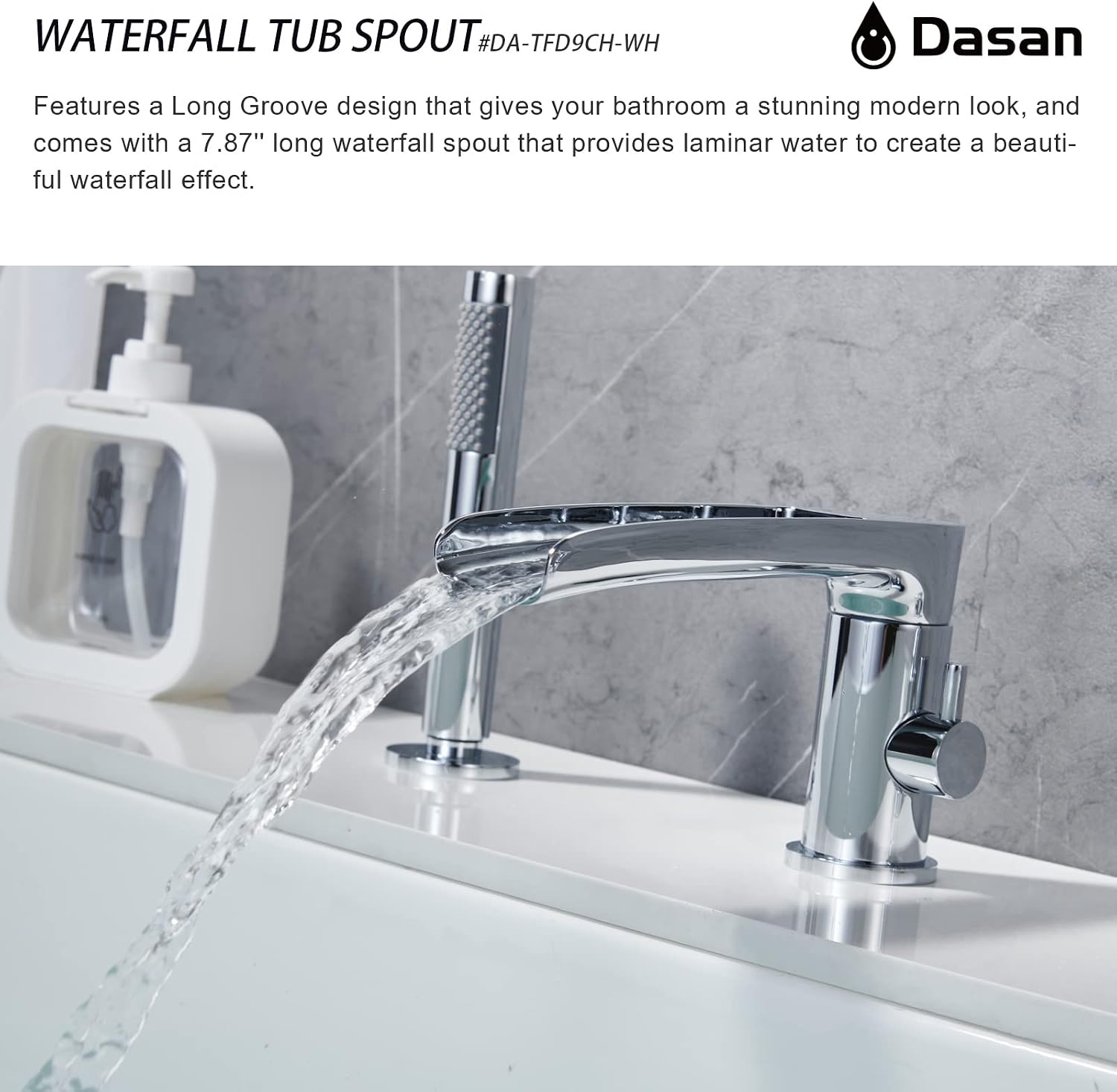 DASAN Roman Bathtub Faucet Set with Handheld Shower Sprayer 3-Hole Deck Mount Square Tub Filler Faucet Set, Polished Chrome Waterfall Roman Tub Faucet with Valve Included, DA-TF09WH-CH