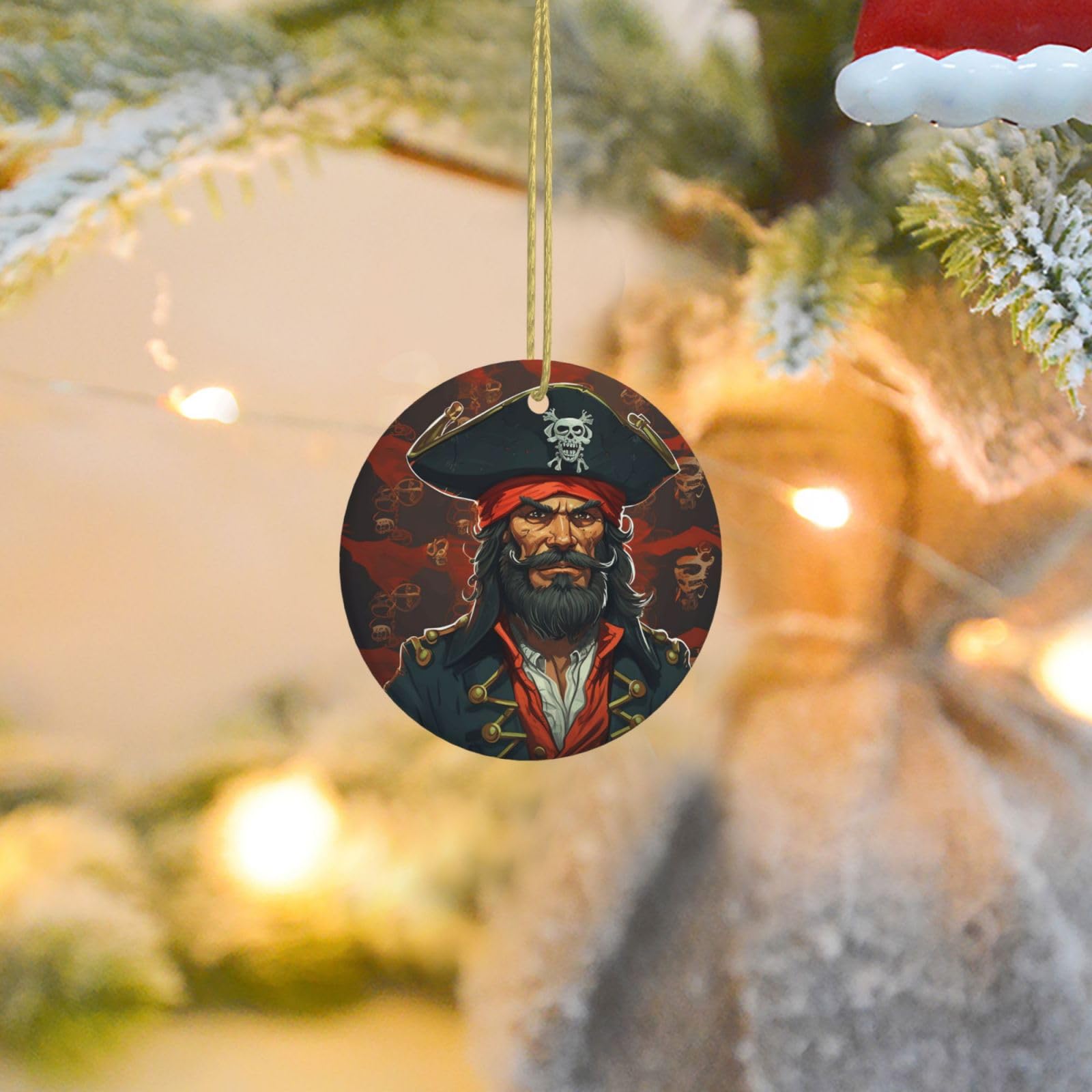 Christmas Ornaments for Christmas Tree Decoration Ceramic Hanging Pirate Captain Ornament with Gold Ribbon Crafts Round Pendant for Keepsake Gifts Glass Xmas Decor Party Supplies