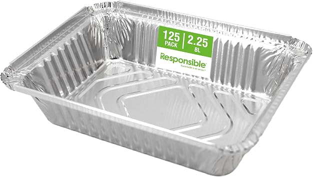 Responsible Products 2.25 LB Oblong Take Out Pans, Forever-RecyclableTM Aluminum, Extra Strength for Take Out, Cooking, Baking, Freezing and Meal Prep 125 Count