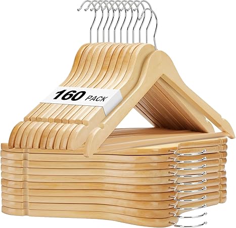HOUSE DAY Bulk Wooden Hangers 160 Pack, Solid Wood Hanger with Non Slip Pant Bar, Heavy Duty Wooden Coat Hanger for Closet, Smooth Finish Wood Clothes Hangers for Shirts, Suits Jackets, Dress, Natural