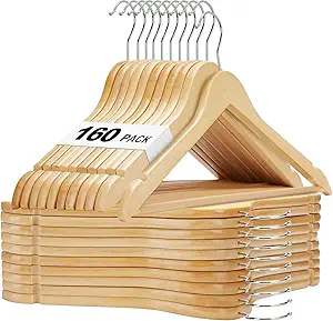 HOUSE DAY Bulk Wooden Hangers 160 Pack, Solid Wood Hanger with Non Slip Pant Bar, Heavy Duty Wooden Coat Hanger for Closet, Smooth Finish Wood Clothes Hangers for Shirts, Suits Jackets, Dress, Natural