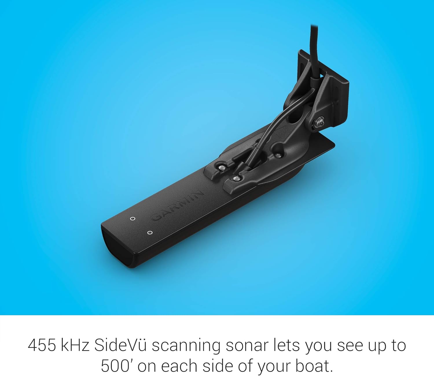Garmin GT36 Transducer with text describing 455 kHz SideVü range