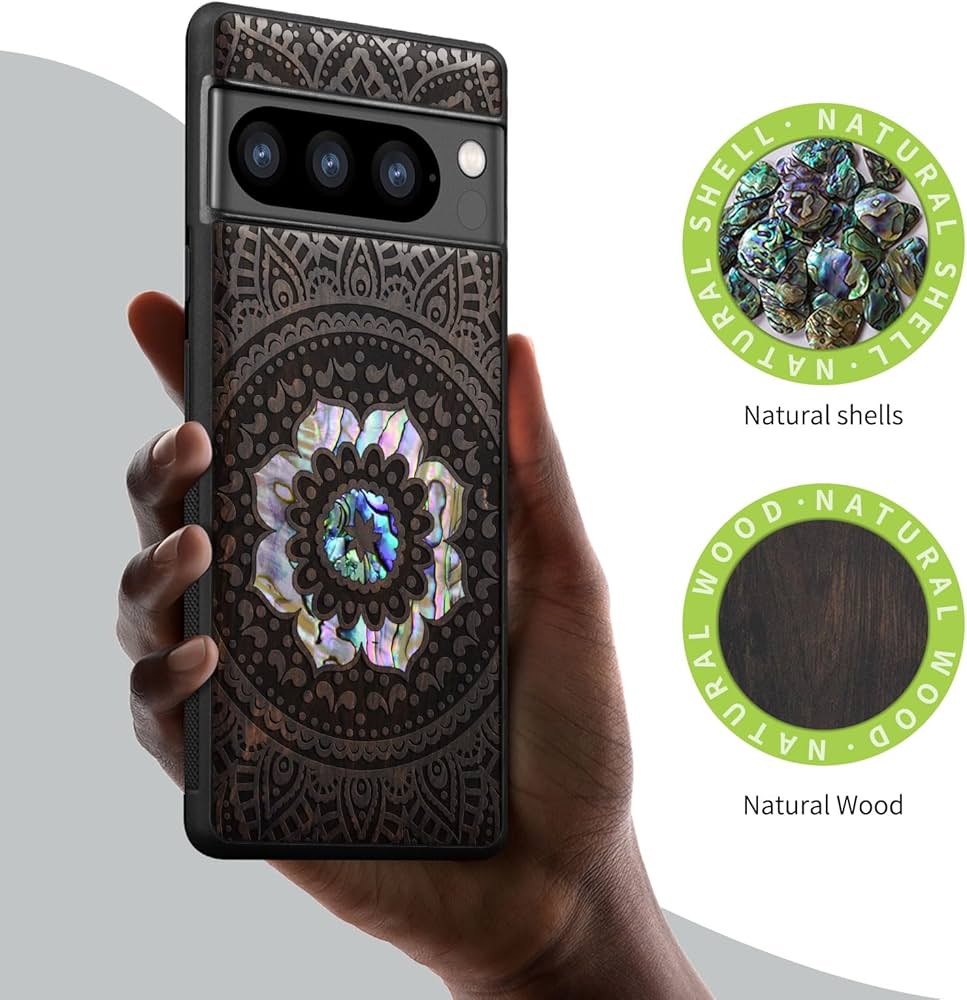 Carveit Custodia per Pixel 8 Cover [Incisione in legno e intarsio di cozze] Capolavoro del design del legno Compatibile con Google Pixel 8 Custodia Lusso (Noce-Albero della vita
