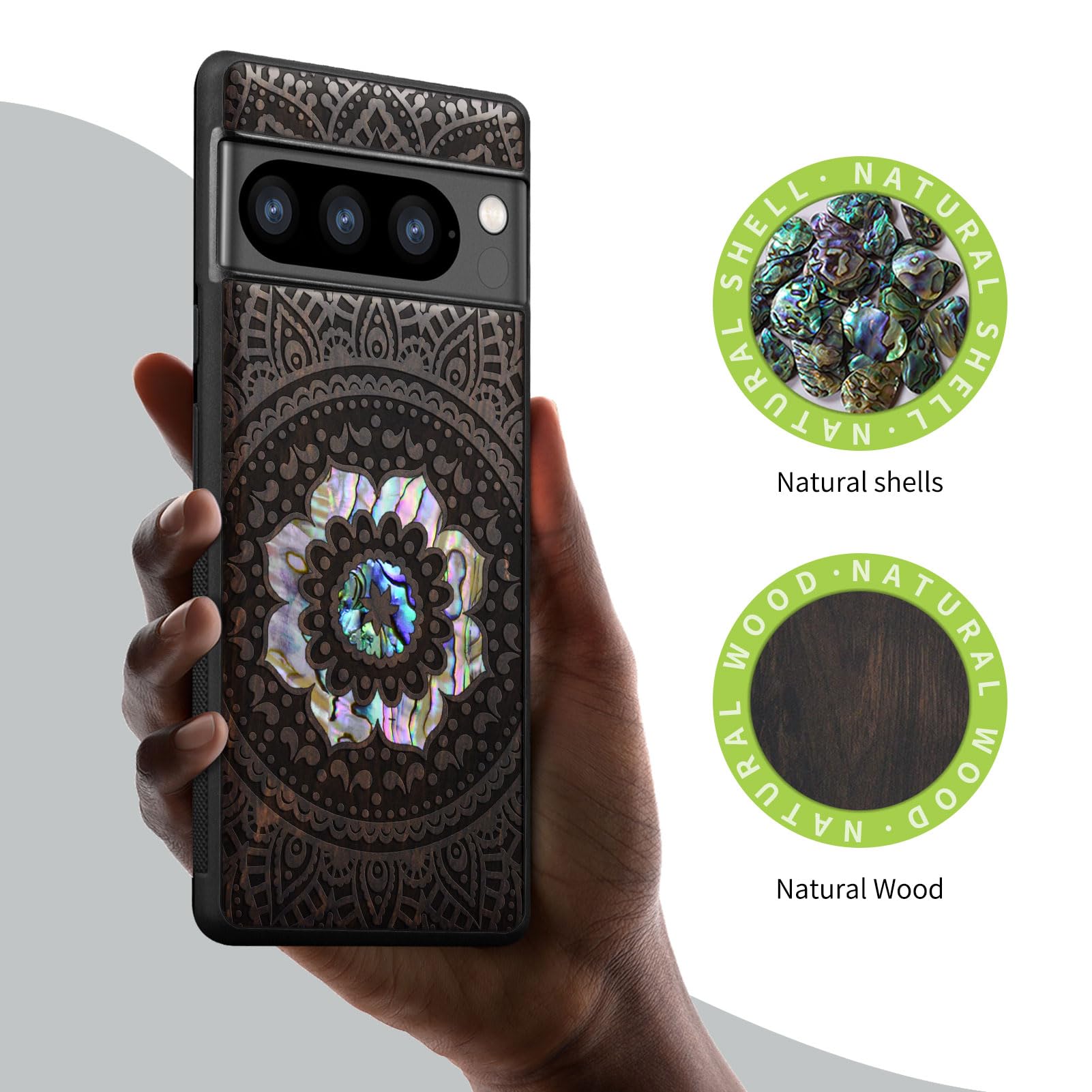 Custodia In Legno Naturale Carveit Per Google Pixel 8 Pro – Noce Con Disegno Mandala, Ultra Sottile, TPU Morbido, Ricarica Wireless - 2