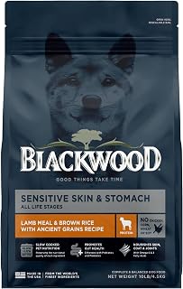 Blackwood Sensitive Skin & Stomach Dry Dog Food, Lamb Meal & Brown Rice with Ancient Grains, 10 Pound Bag with Prebiotics & Probiotics to Promote Gut Health
