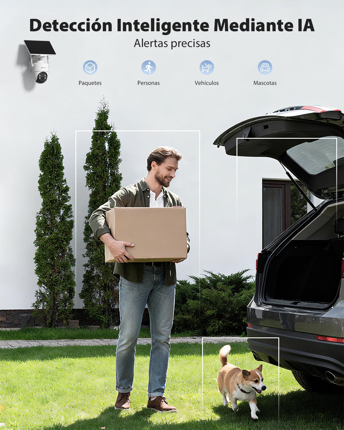 COCOCAM 4K 8MP Camara Vigilancia WiFi Exterior Solar con 10000mAh Batería | Panel Solar Ajustable 5W, Reconocimiento por IA, Detección Humana Mediante PIR, 355°P 90°T, WiFi 2.4GHz, WIFI 6, IP66
