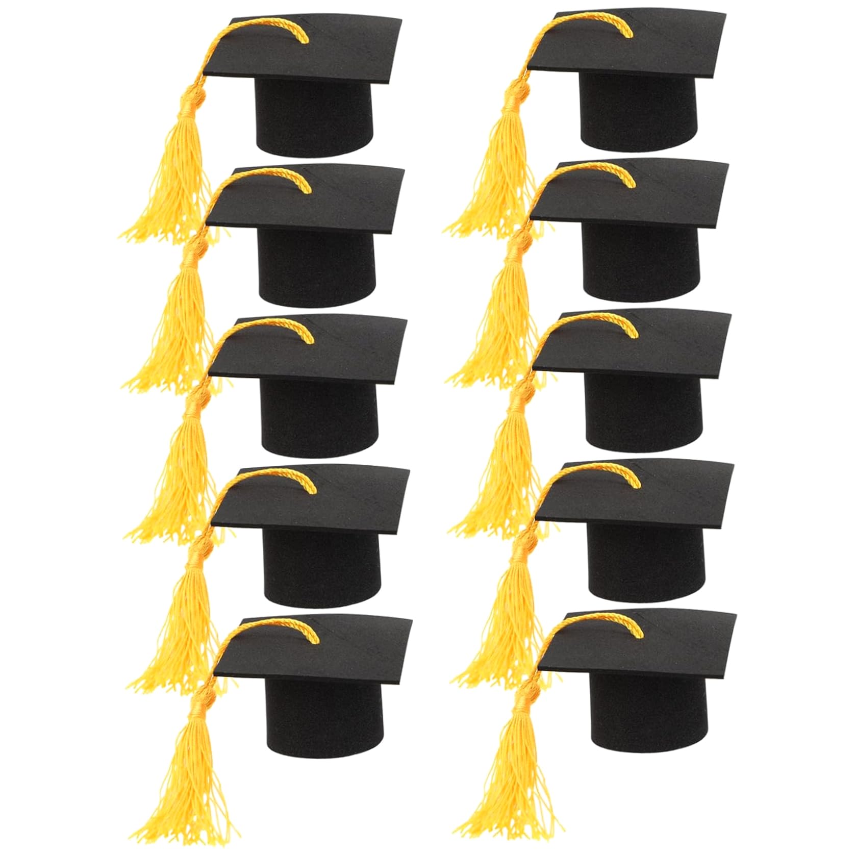 10PCS Graduation Cap Cupcake Toppers, Mini Grad Cap with Yellow Tassels, 2.1x2.1x1.3 Inch Graduation Hat Topper for Bottle Cake Party Decorations Small Grad Hat Cupcake Toppers