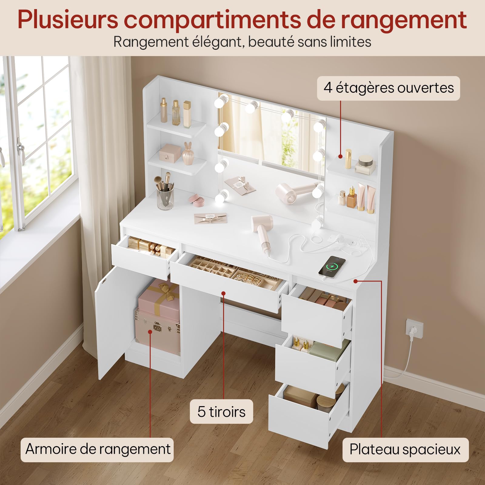 WOLTU Coiffeuse avec Miroir LED, Multiprise, Éclairage Réglable, Grande Coiffeuse avec 5 Tiroirs, Étagères Ouvertes, Armoire, Table de Maquillage en Bois pour Chambre, Blanc, MB6117ws
