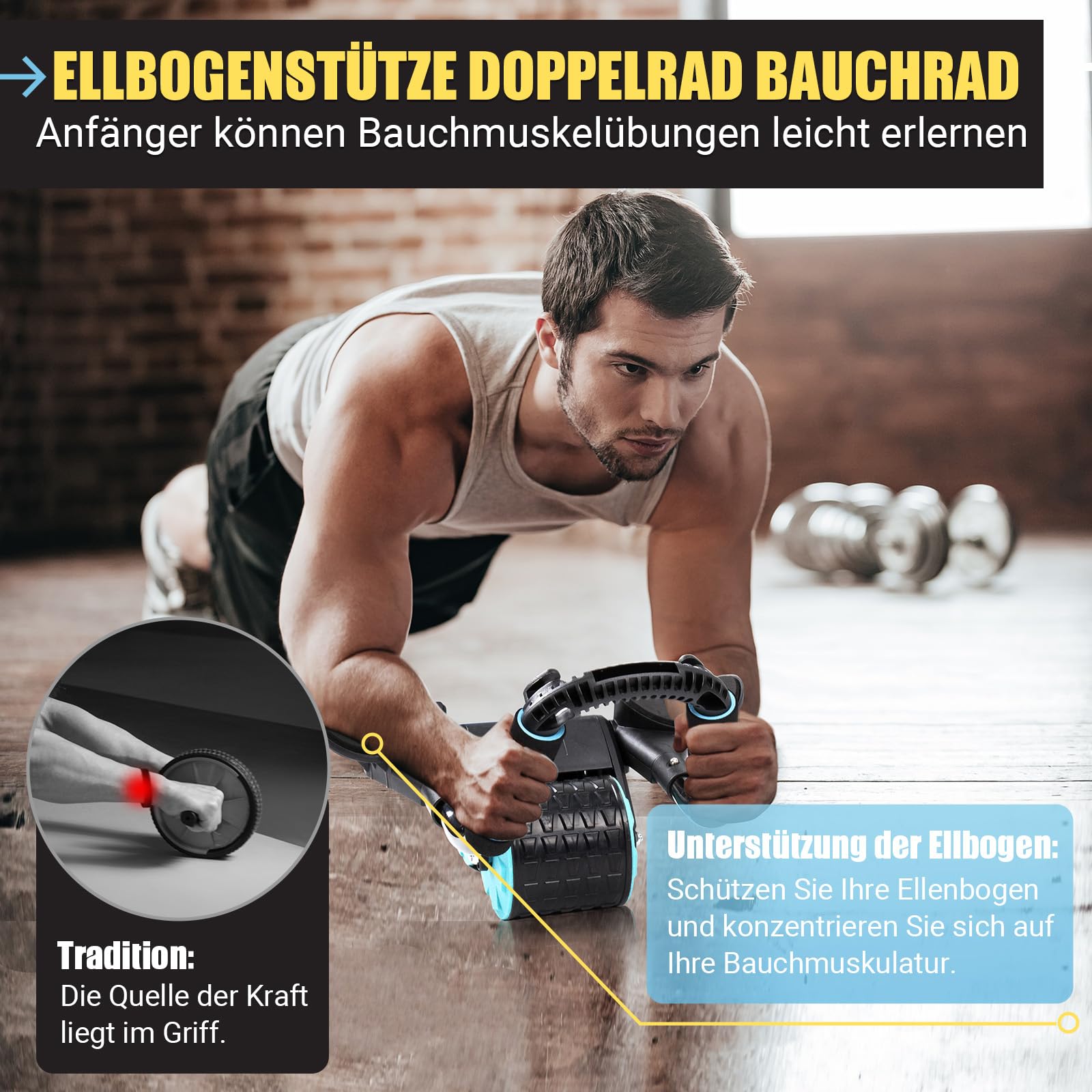 Automatische Rebound-Bauchrolle, New Wheels Roller Domestic Bauchtrainer,Bauchroller Für Bauchmuskeltraining, Bauchroller Für Bauchmuskeltraining Mit Stabilen Doppelrädern (Black)
