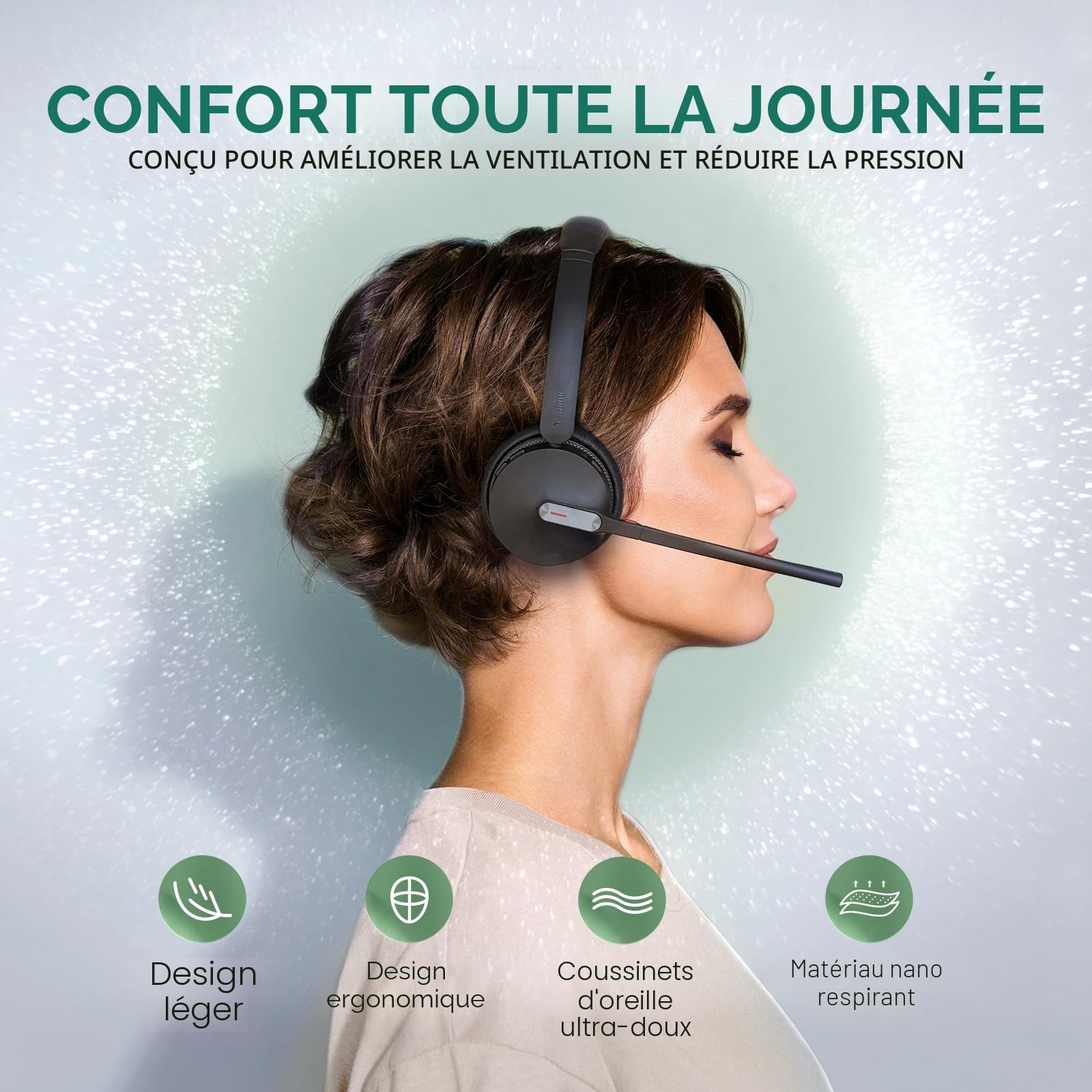 Yealink WH64 Casque sans fil avec microphone, portée de 185 m, DECT & Bluetooth, double mode, casque sans fil avec 3 microphones pour Teams Zoom, Skype, UC, téléphone IP, PC, temps de conversation 32H