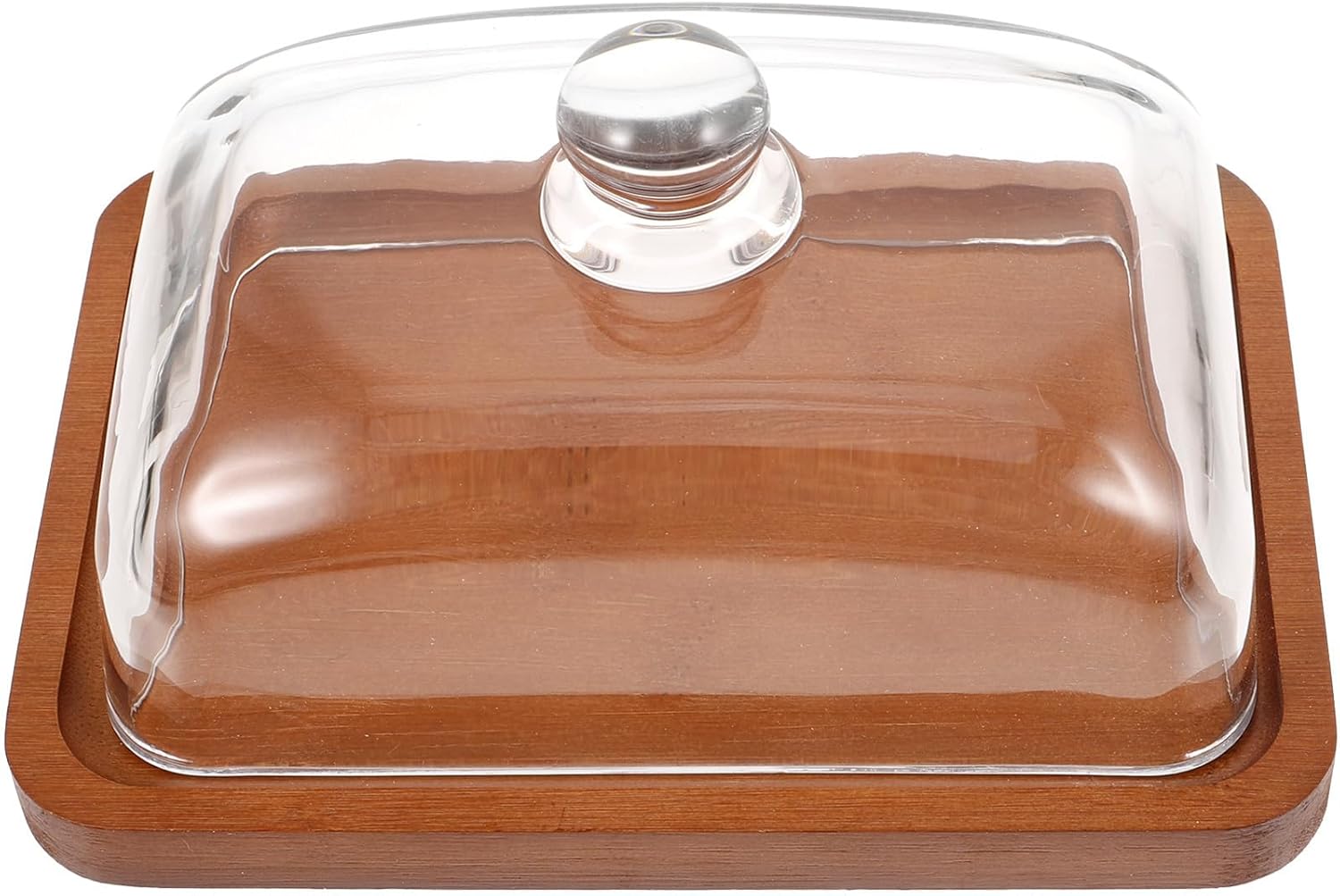 Wood Butter Dish with Glass Lid, Rectangular Reusable Butter Holder, Deep Wood Color Serving Tray for Kitchen Counter and Cheese Storage