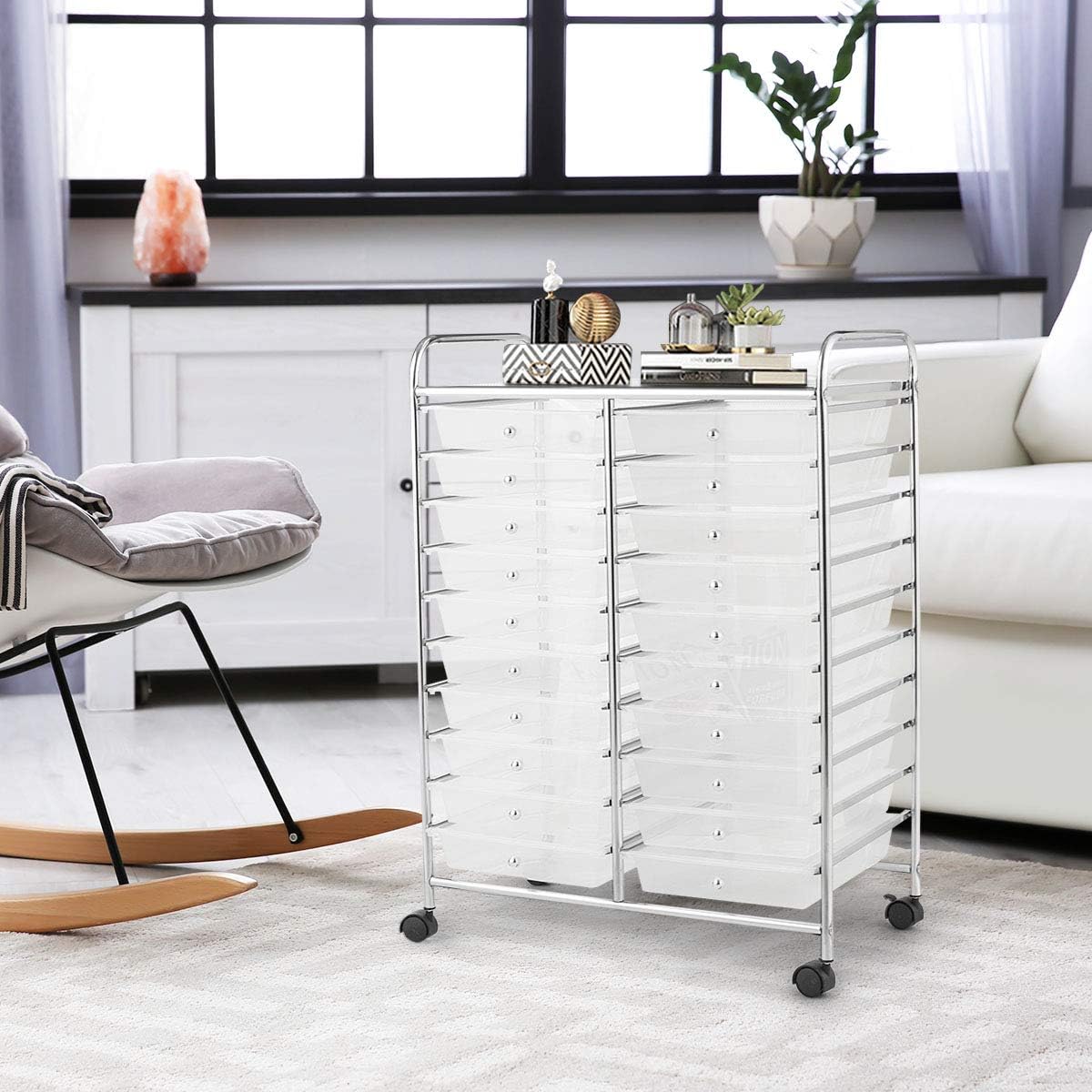 Clear 20-Drawer Rolling Organizer Cart with Chrome Frame