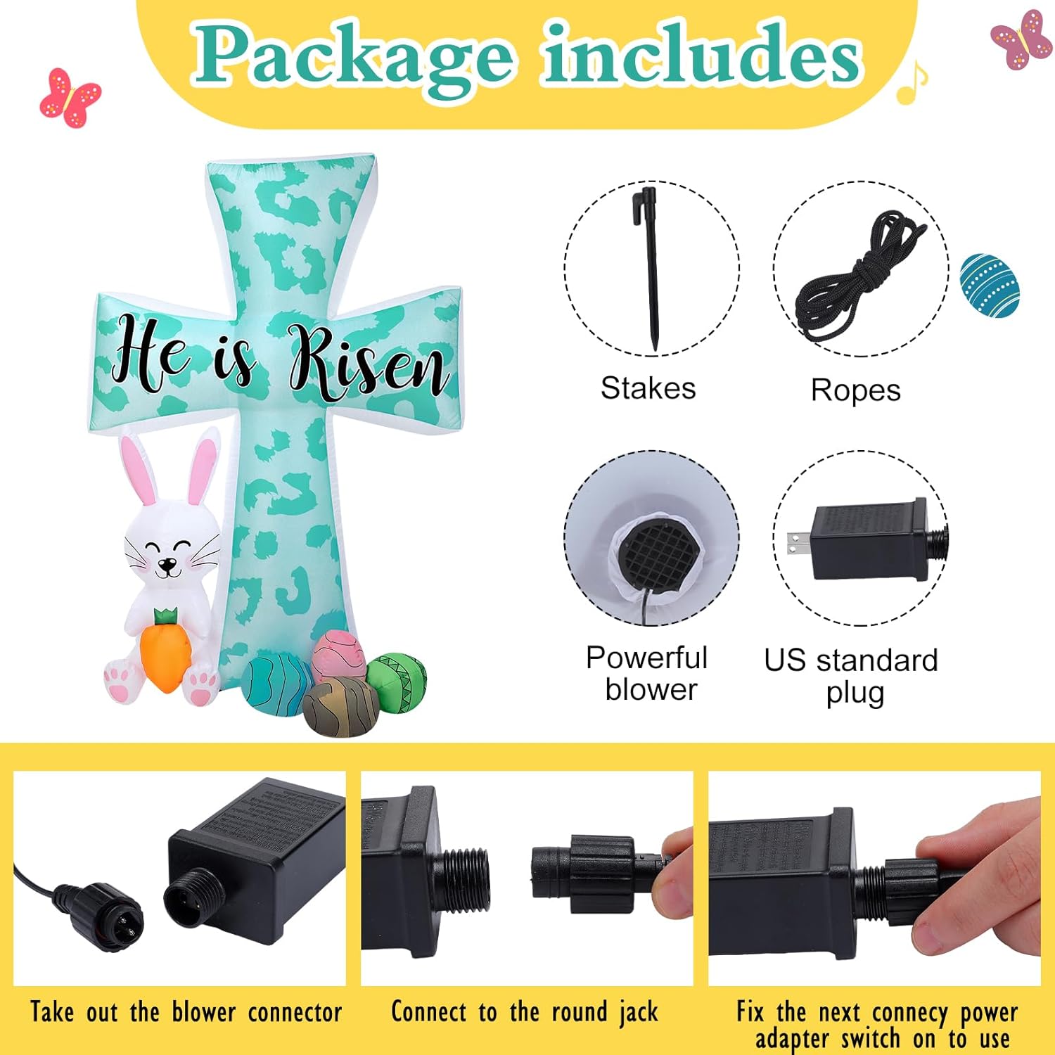 Suzile 5.9 ft Easter Inflatables Outdoor Decorations with LED Lights Bunny He is Risen Cross Yard Decorations Inflatable Lighted Blow up Rabbit for Easter Spring Garden Home Lawn Party(Cute)