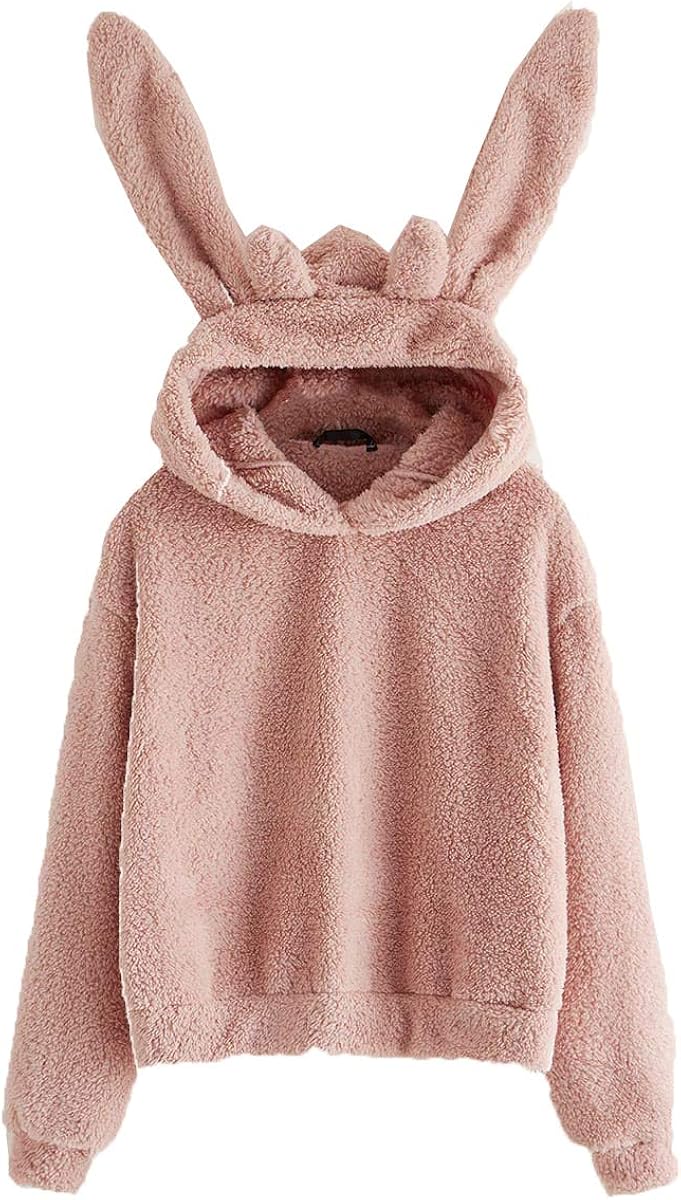 SweatyRocks Women's Sherpa Pullover Fuzzy Fleece Sweatshirt Cute Ear Long Sleeve Causal Hoodie Top