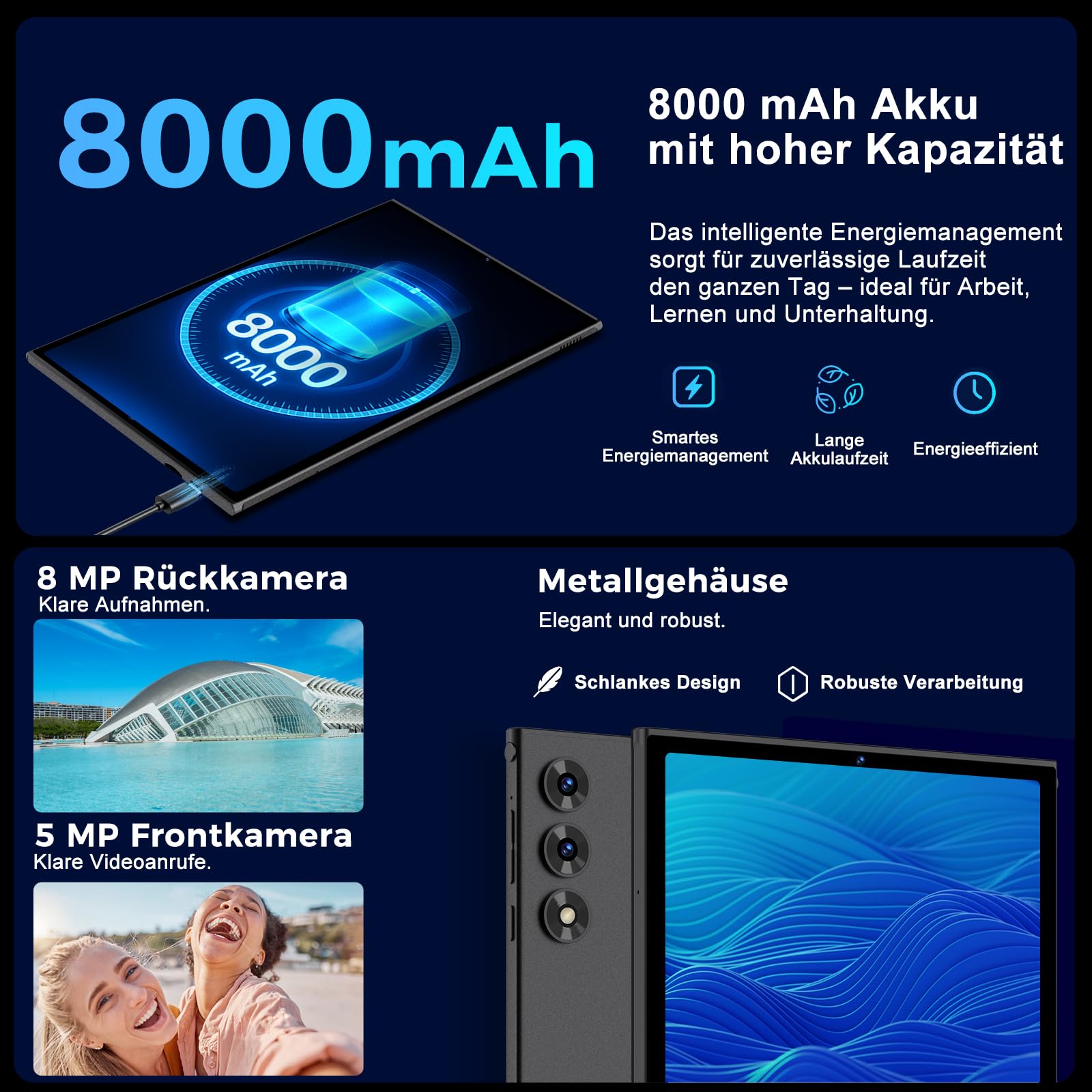 Tablet 10 Zoll Android 15 mit Gemini AI, Tablet mit Tastatur und Maus, 30 GB RAM + 128 GB ROM, Erweiterbar auf 2 TB, Octa-Core Prozessor, WLAN 6, Widevine L1, 8000 mAh Akku, Metallgehäuse, Schwarz