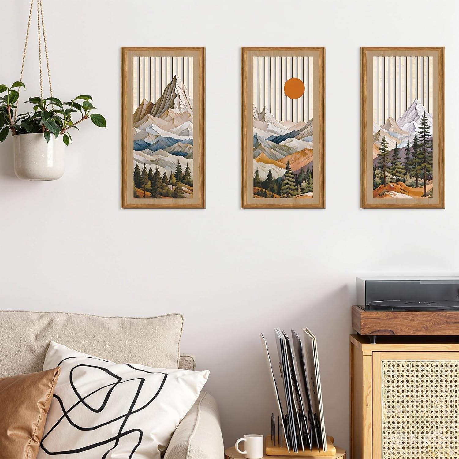 ANHUIB 3Pcs Boho Wooden Wall Art Set Abstract Mountain Wood Wall Art Modern Geometric Artwork Hollow Wall Decor Bohemian Sun Forest Wood Wall Decor Mountain Tree Hanging Decor for Living Room Bedroom - Image 2