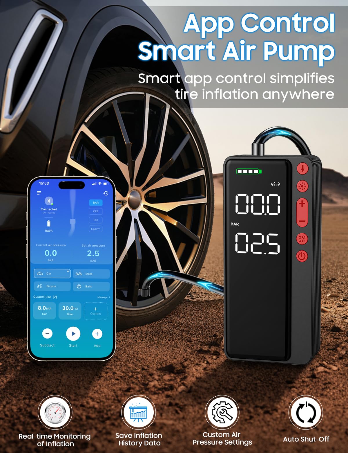 MATULSA Inflador de neumáticos, compresor de aire portátil, 10000 mAh y 150 PSI Smart App, bomba de aire inalámbrica para neumáticos de coche, almacenamiento de accesorios integrado, bomba de