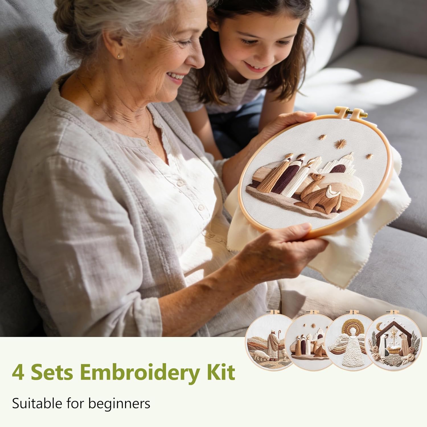 Santune Christian Embroidery kit,Nativity Scene Needlepoint Cross Stitch Kits for Beginners Adult,Needle Point Sets,4 Embroidery,2 Hoops,Christmas Ornaments